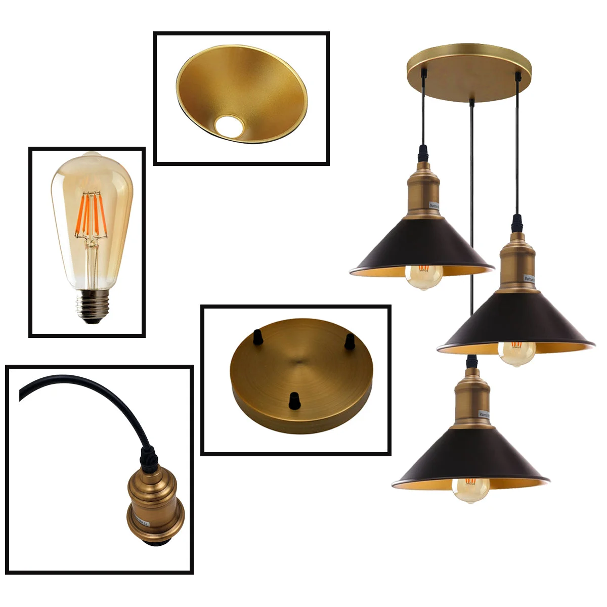 Three‑outlet black pendant light with 3 bulbs, drop‑hanging from 95 cm cable, perfect for restaurant pendant lighting