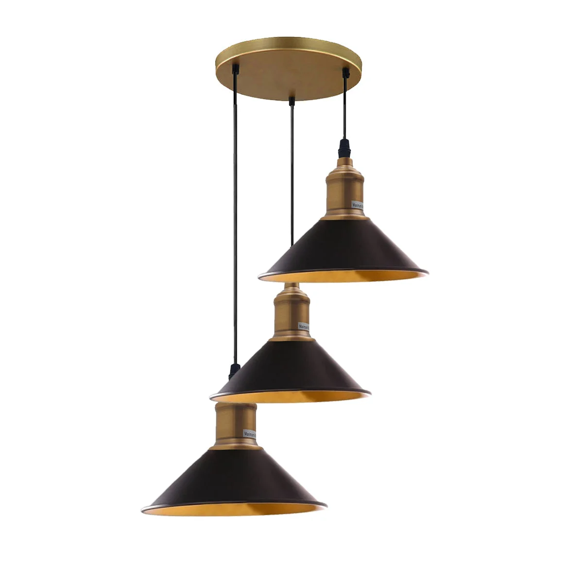 Black pendant light with three sockets, hanging from a 20cm metal plate, 95cm cable, metal and PVC shade.