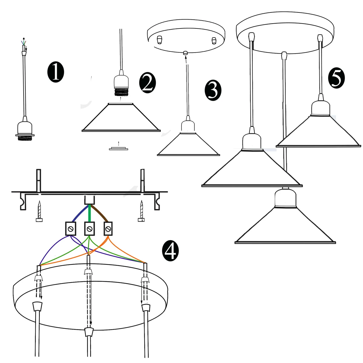Black pendant light with three metal shades, 95 cm PVC cable, hanging from a 20 cm base, modern black and yellow brass.