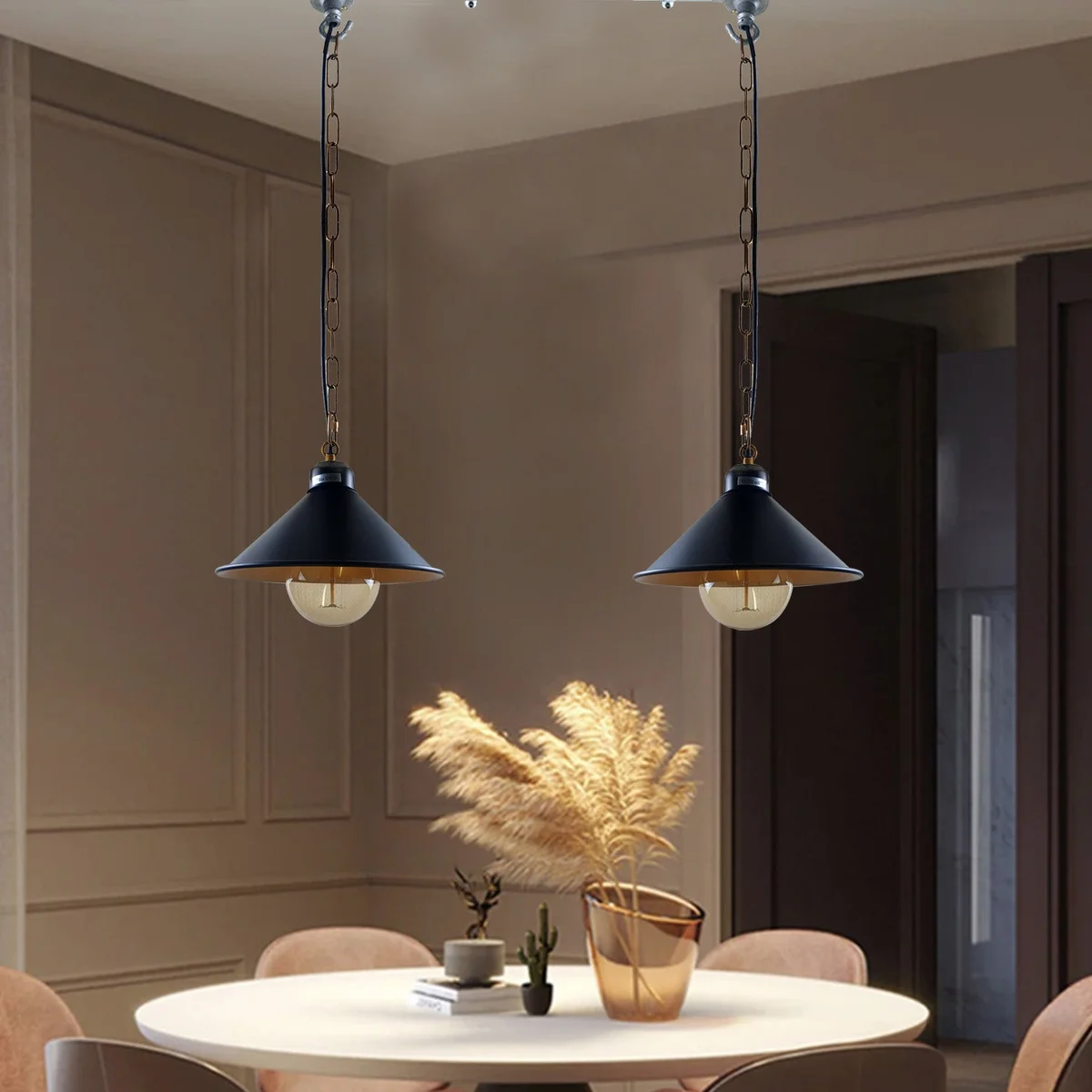Industrial ceiling lights: black cone pendant with brushed silver base, iron+PVC frame, 2 sockets, 95 cm cable, 80 cm chain