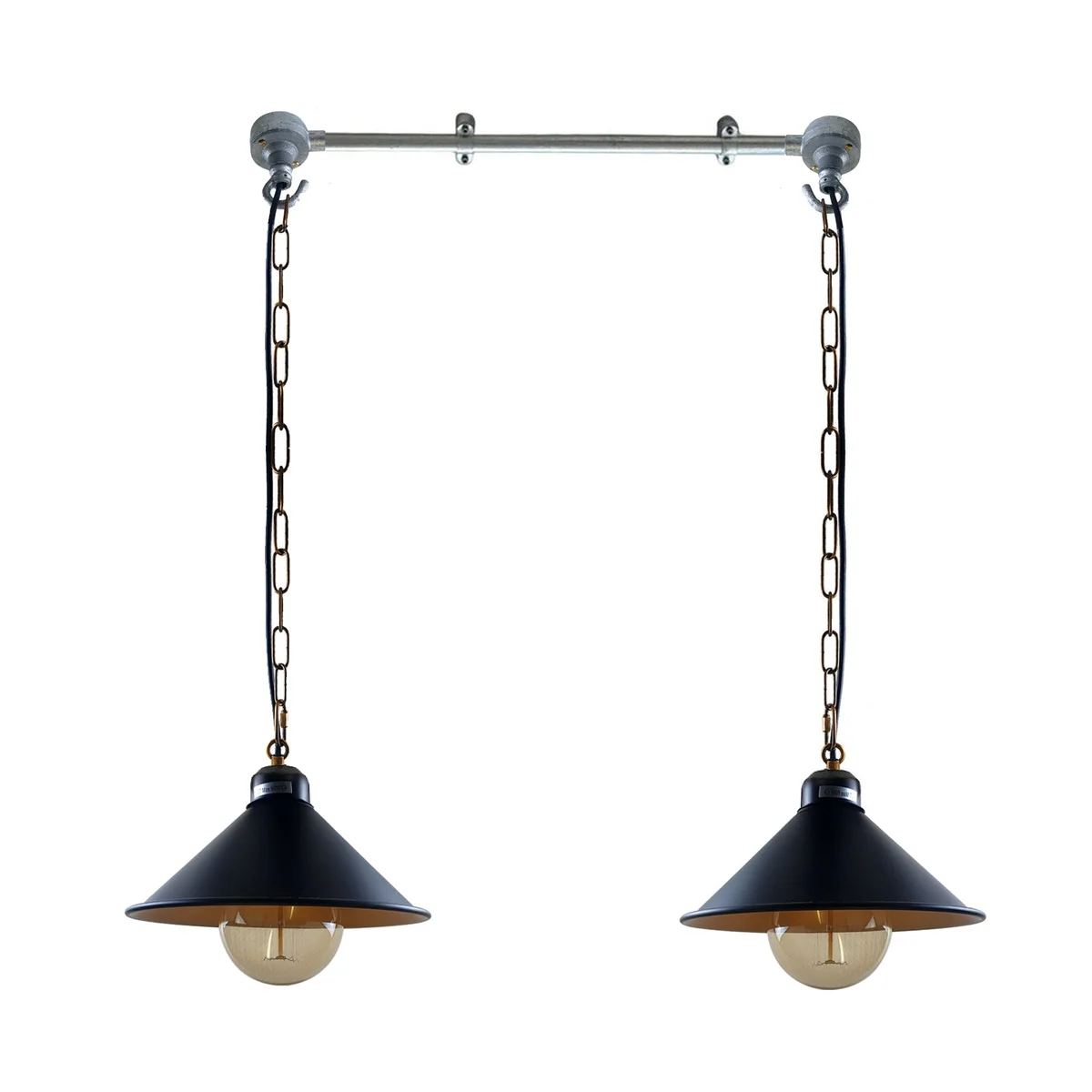 Sleek black metal pipe pendant lights with angled cone hood, 2 E27 sockets, iron/PVC construction, ideal for loft décor.