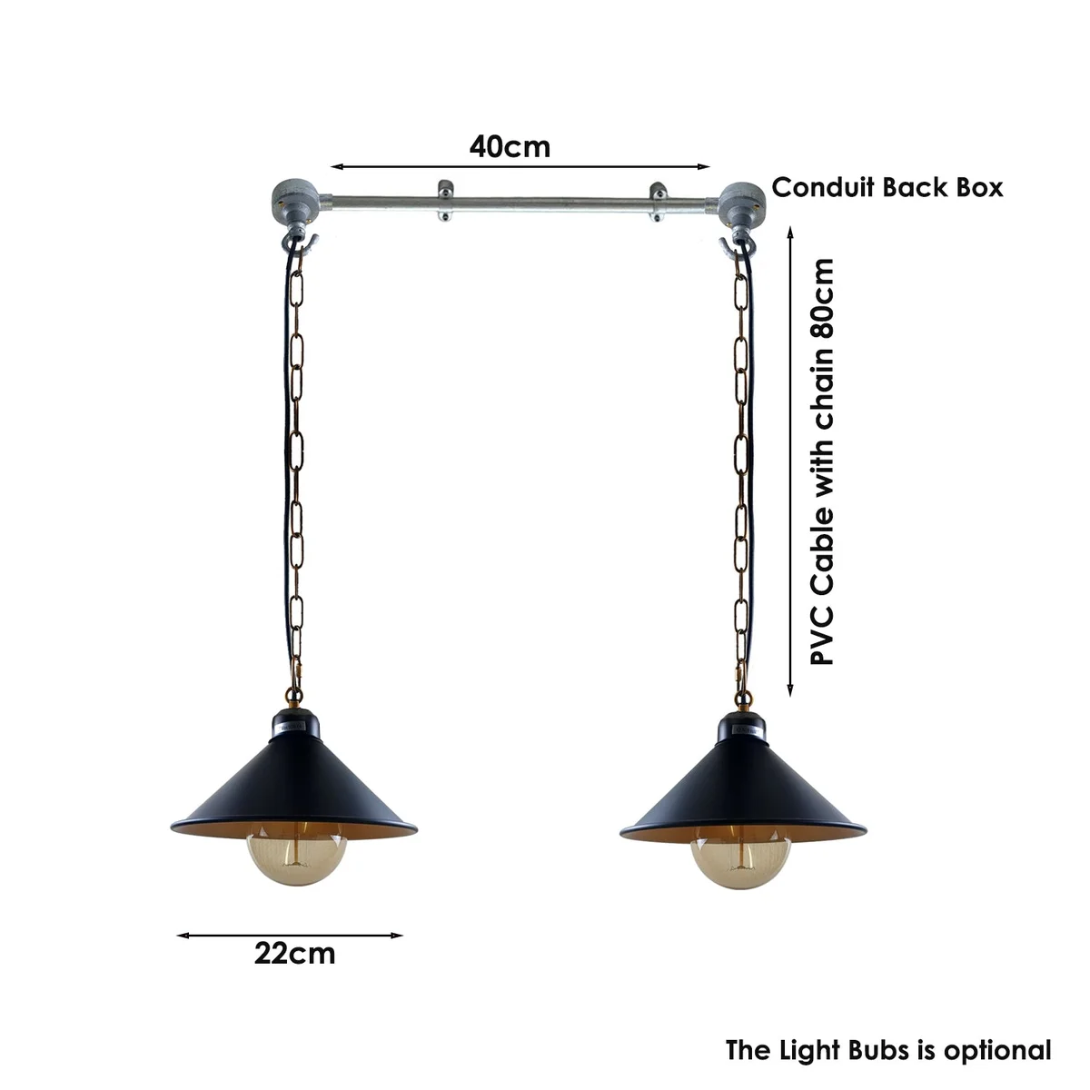 Retro loft pendant lamps in black cone shape, angled base, hanging from chain, brushed silver finish.