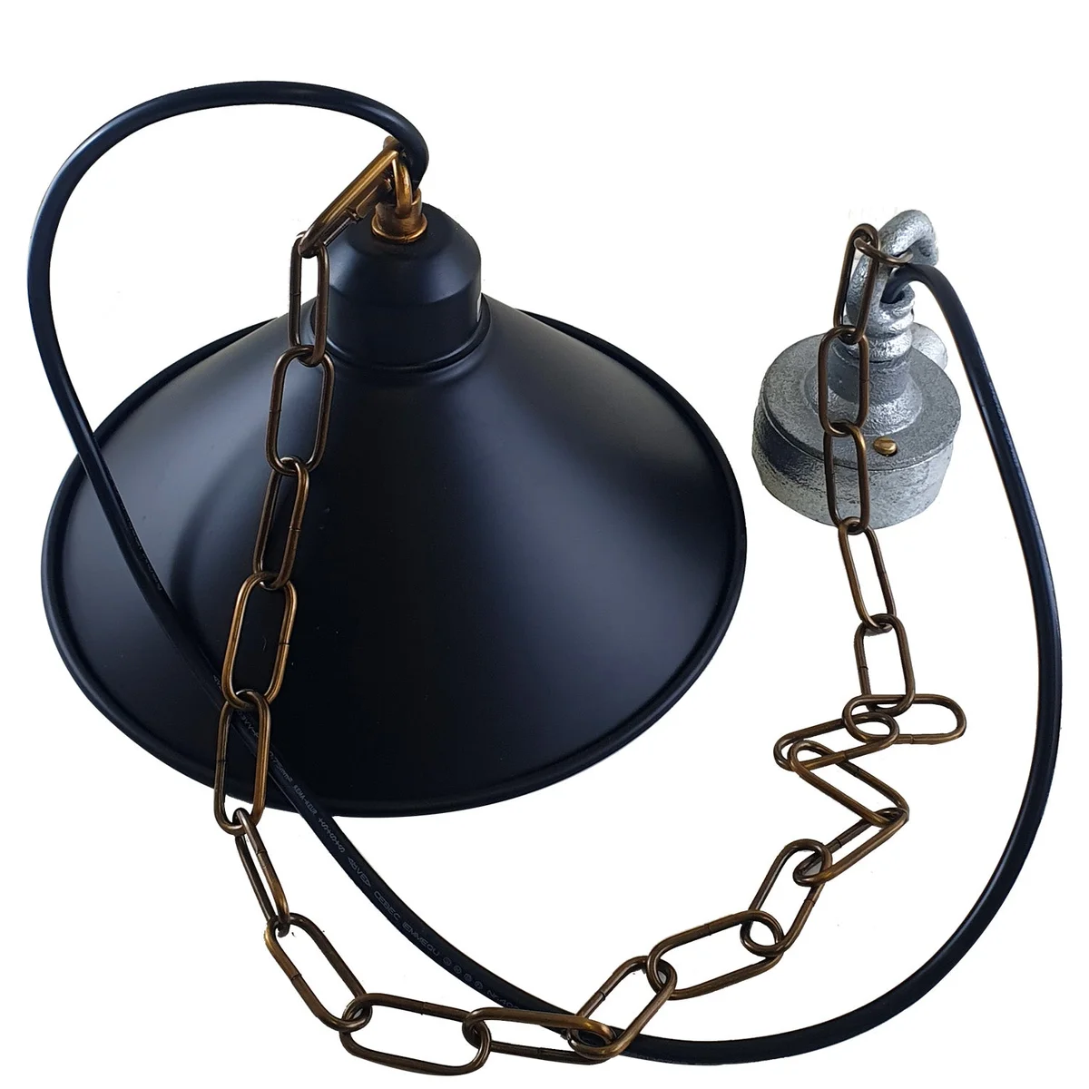 Cone pendant ceiling light with black finish, angled base and hood, iron and PVC construction.
