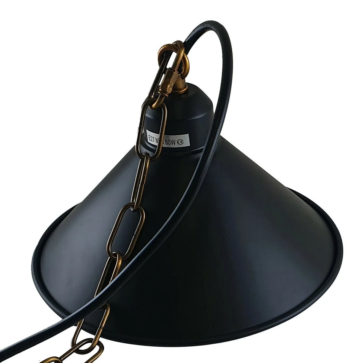 Black finish pendant light with cone hood, angled steel base, sleek design suitable for loft kitchens or bars.