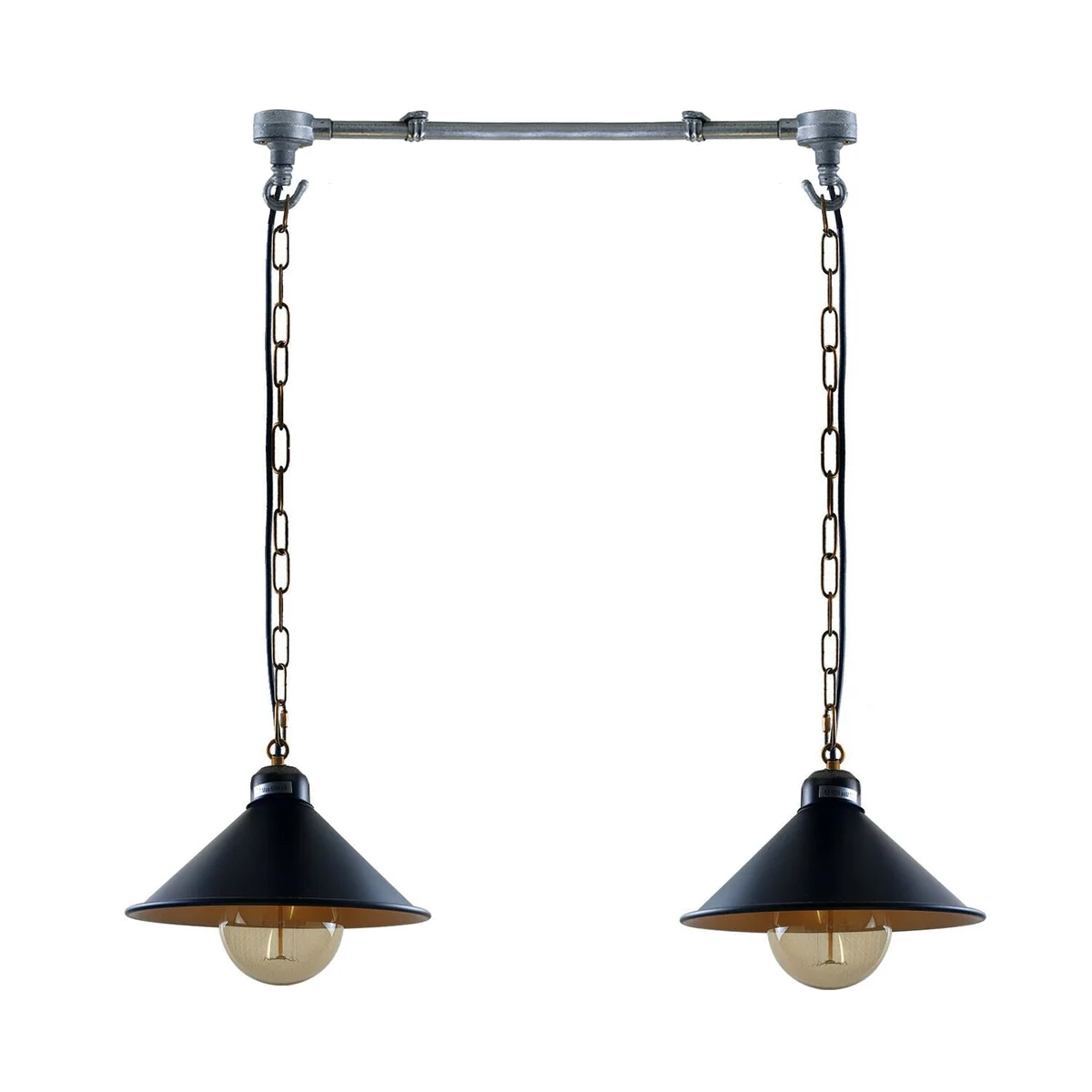 Black cone pendant with brushed silver iron base and hood, hung on kitchen island ceiling light