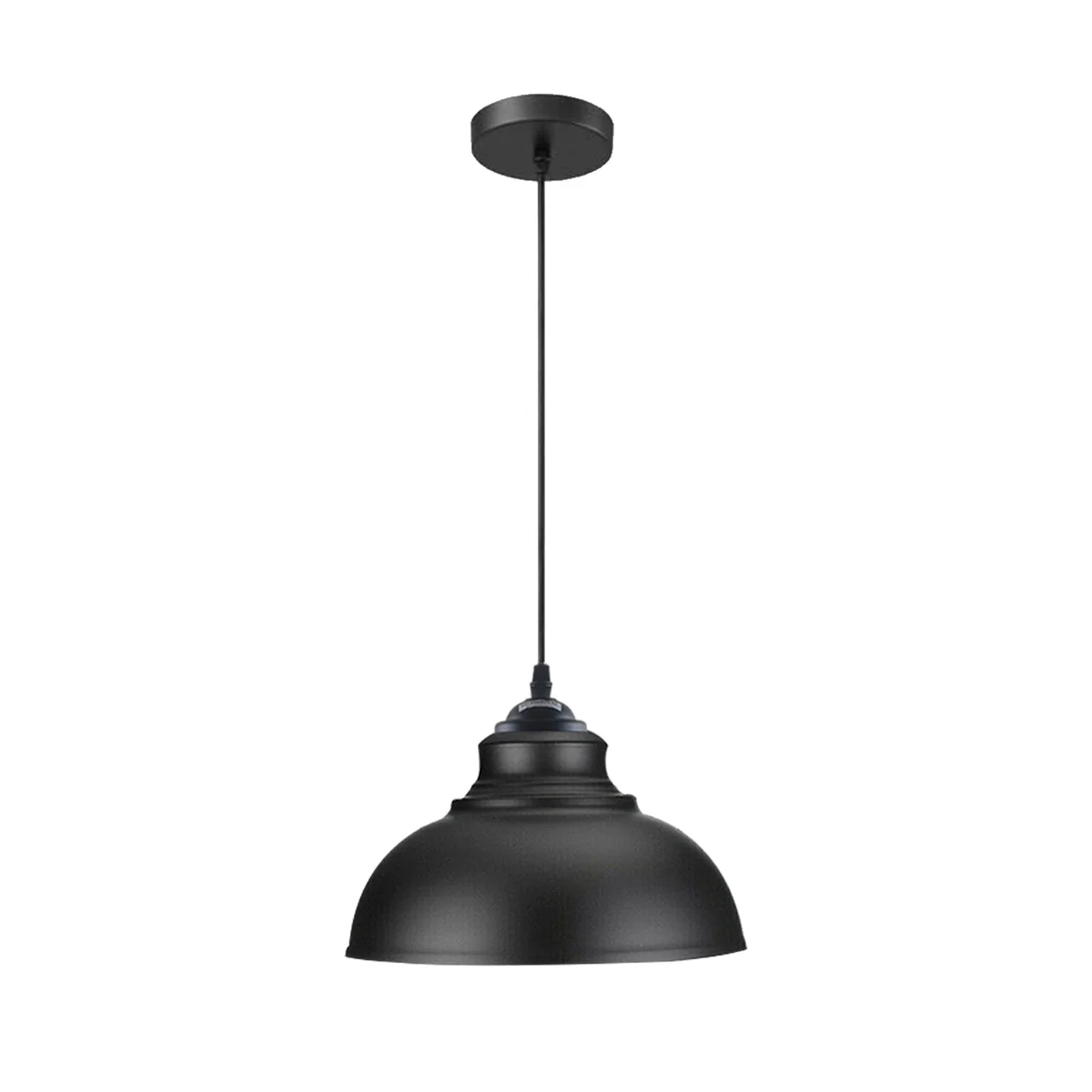 Modern black pendant light with round metal body hanging from ceiling, 95cm PVC cable, black finish.