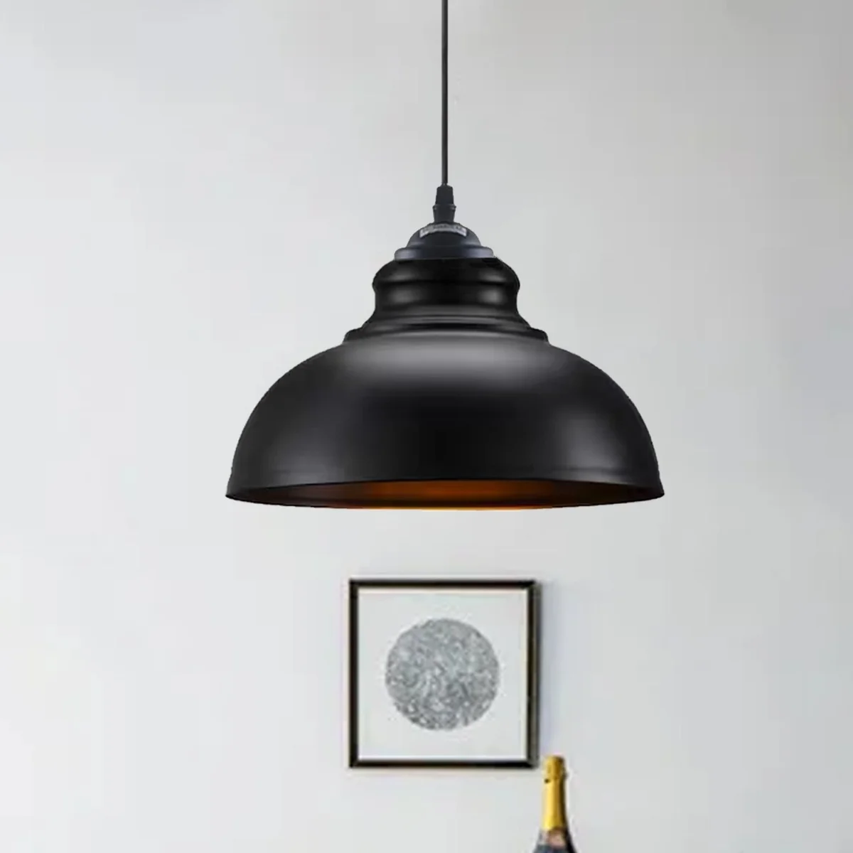 Black ceiling pendant light with metal body, pendant shade, 95 cm PVC cable, fitting E27 base, round 10 cm ceiling plate