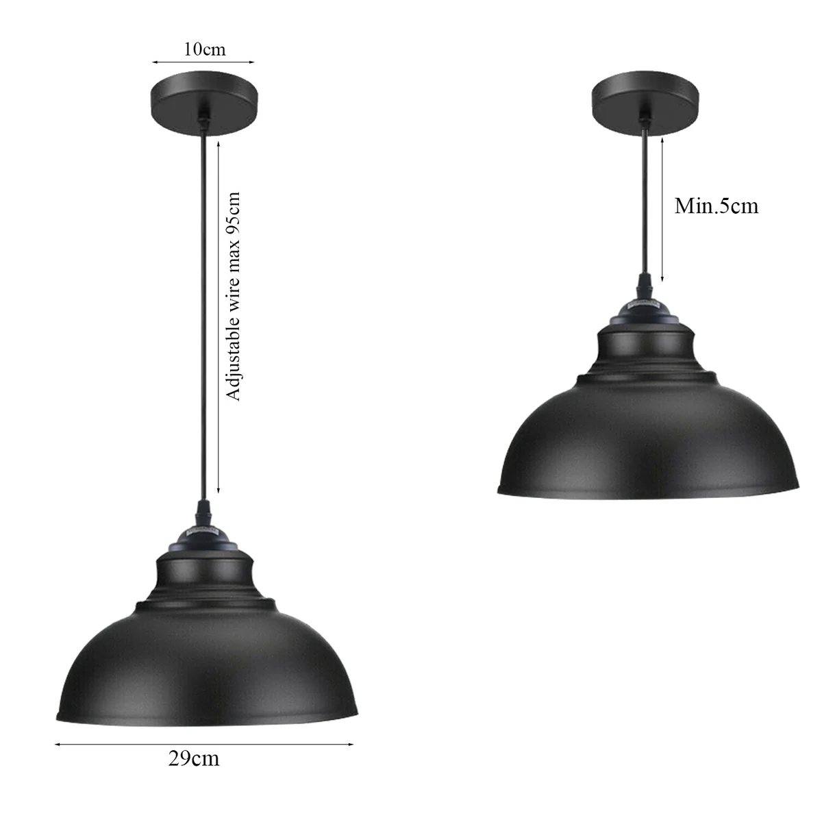 Sleek black metal pendant ceiling light with PVC cable and round base.
