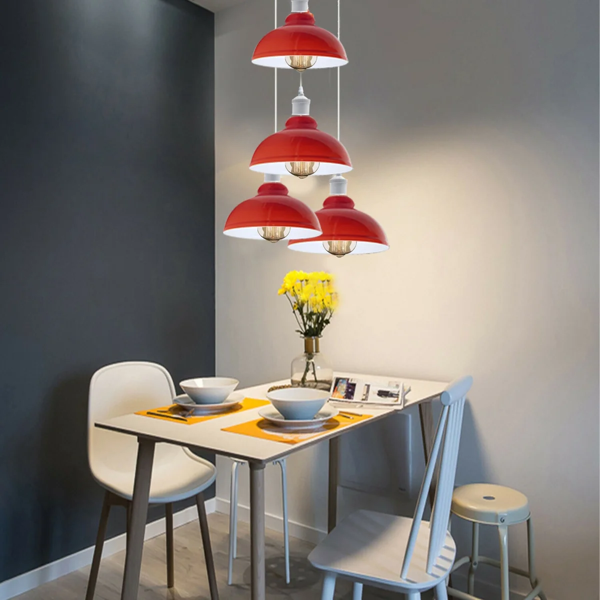 Modern pendant light cluster in red with white inner, metal curvy shades, four bulbs, 95cm PVC cable extending to ceiling