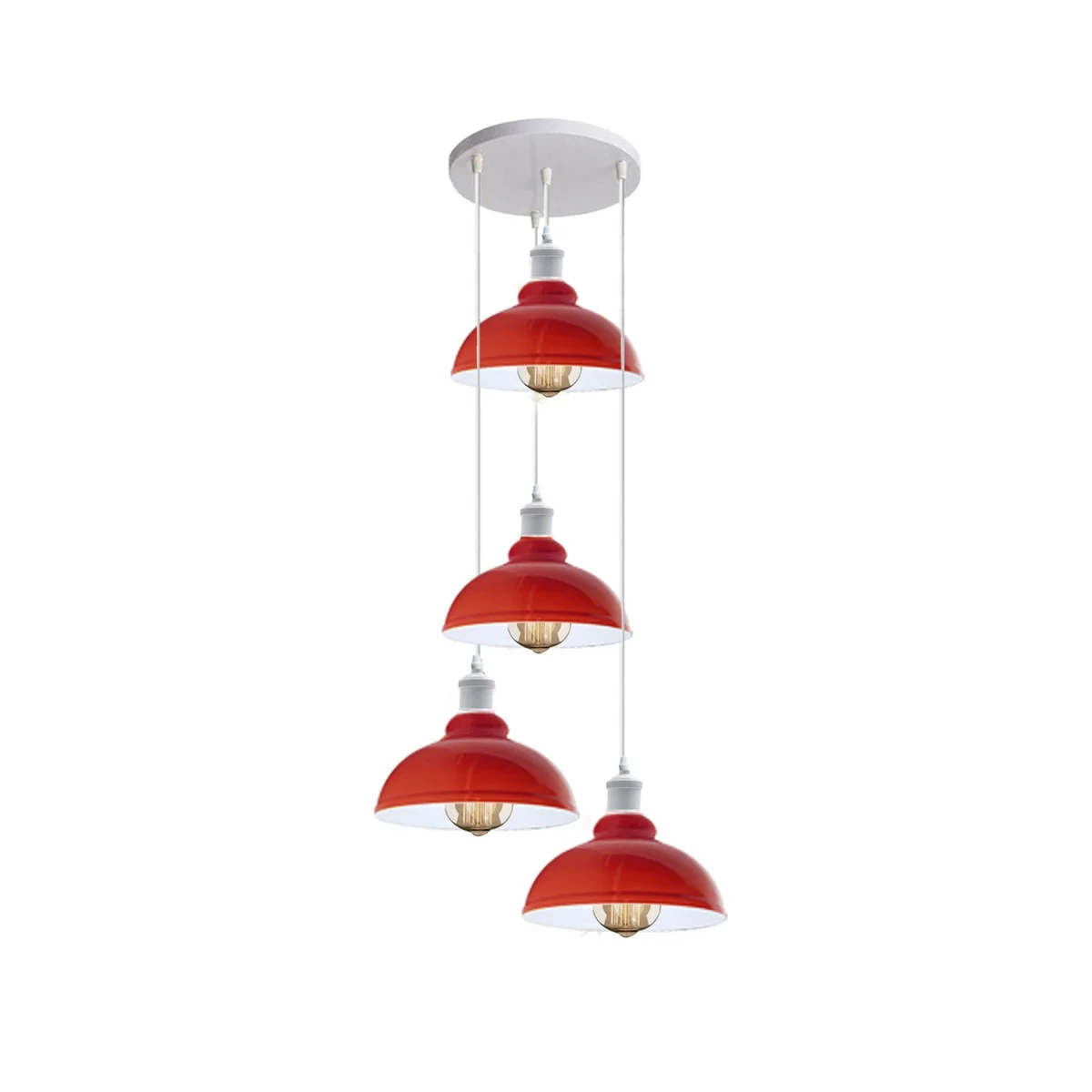 Red metal pendant shade cluster with white inner cutouts, hanging 95cm, 4 bulbs visible.