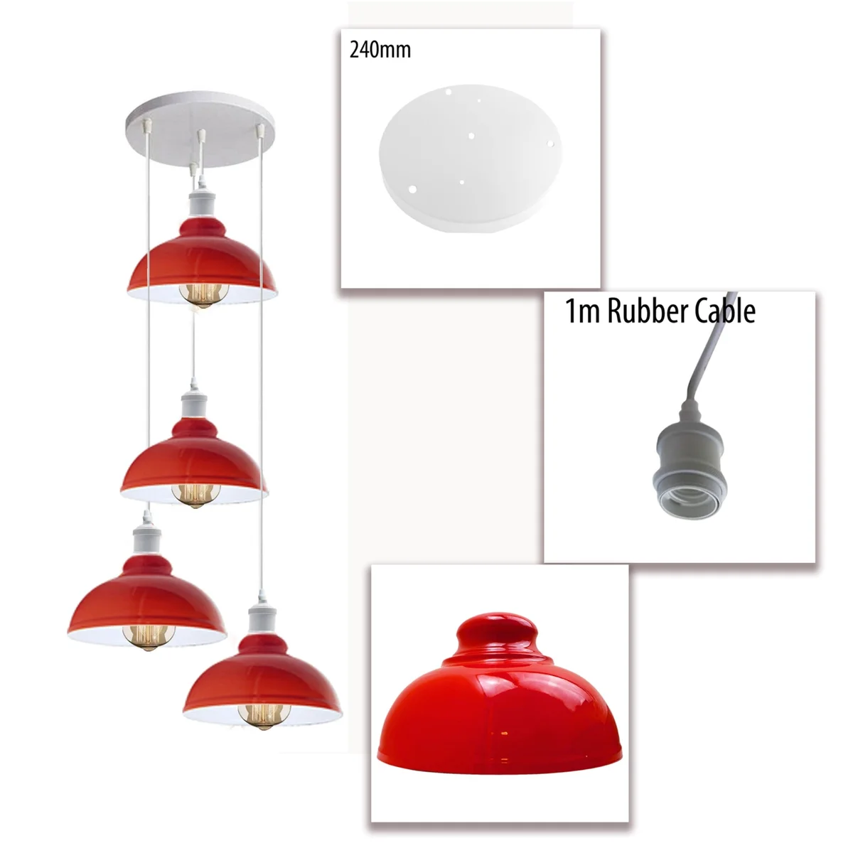 Red curvy metal pendant lamp cluster for retro kitchen lighting, 4 white reflective inner surfaces, 95cm cable
