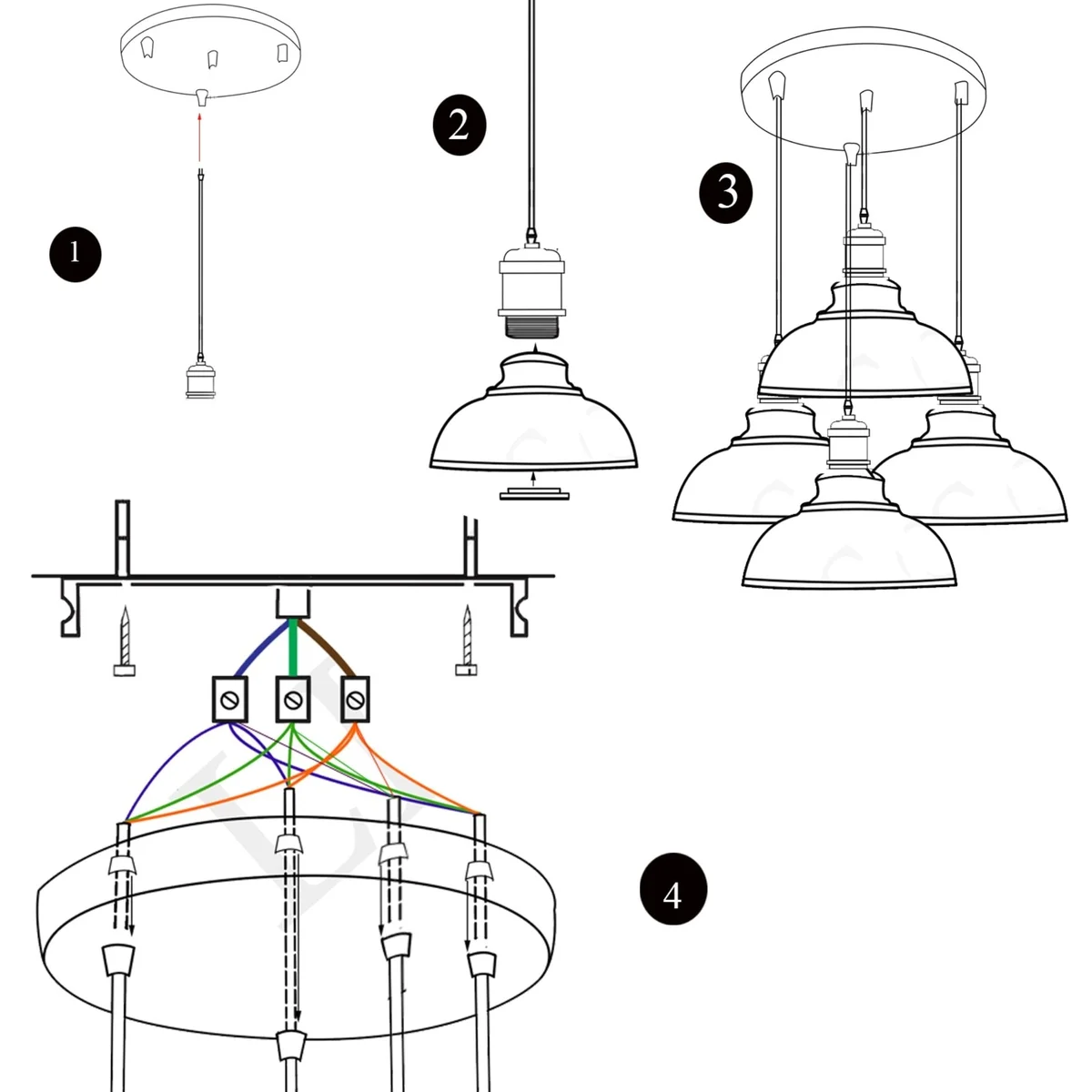 Red cluster pendant lights with curved metal shades and white inner surfaces hanging from a round base