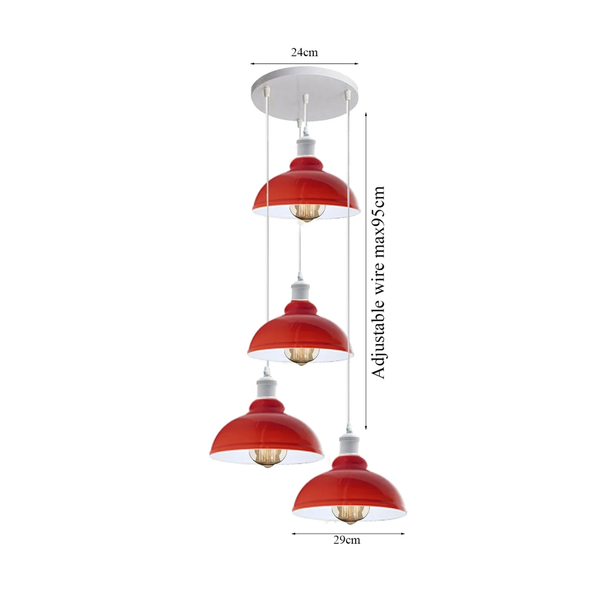Red ceiling light pendant cluster of 4 metal shades with white inner surfaces and long PVC cables.