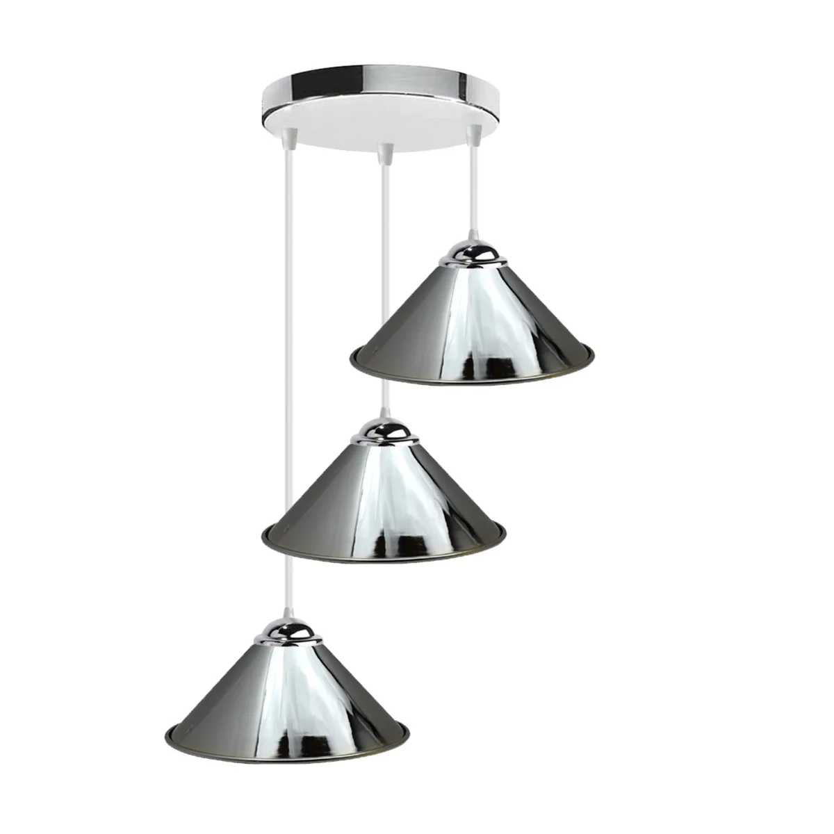 Chrome pendant light with three metal lights and a 95cm PVC cable, modern industrial style.