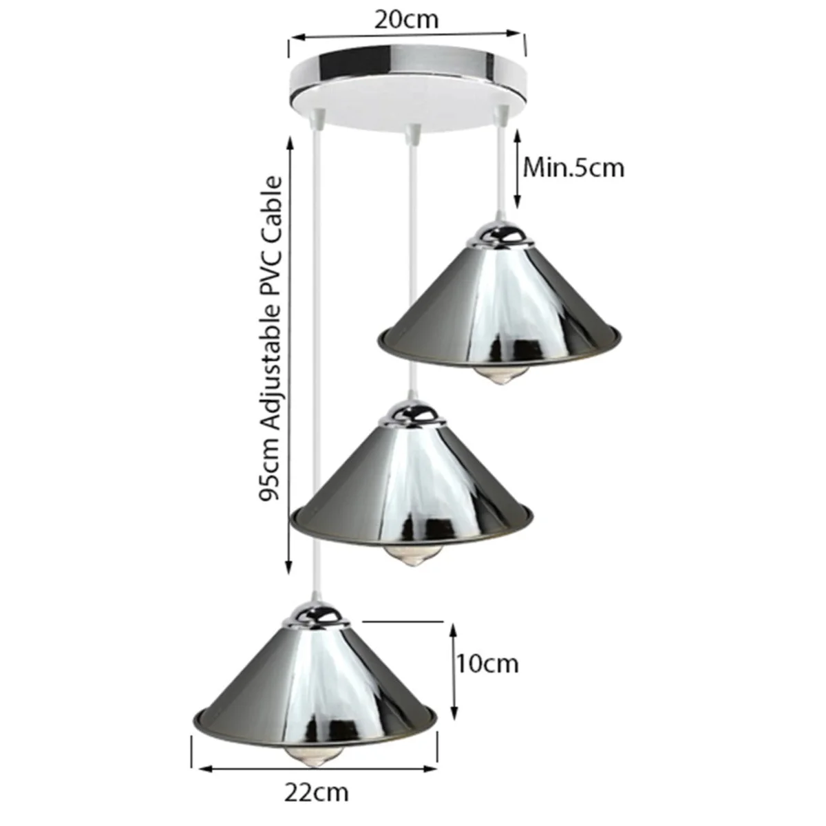Chrome 3-light ceiling light pendant with 3 shades, metal base, 95cm cable.