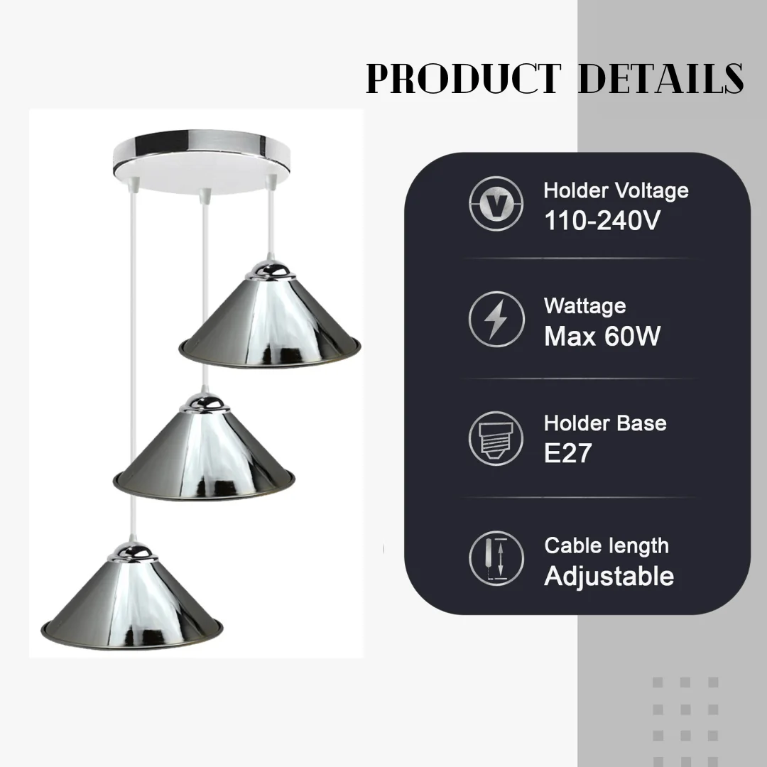 Chrome 3-light E27 pendant lamp with metal frame and PVC cable, suspended from ceiling plate.