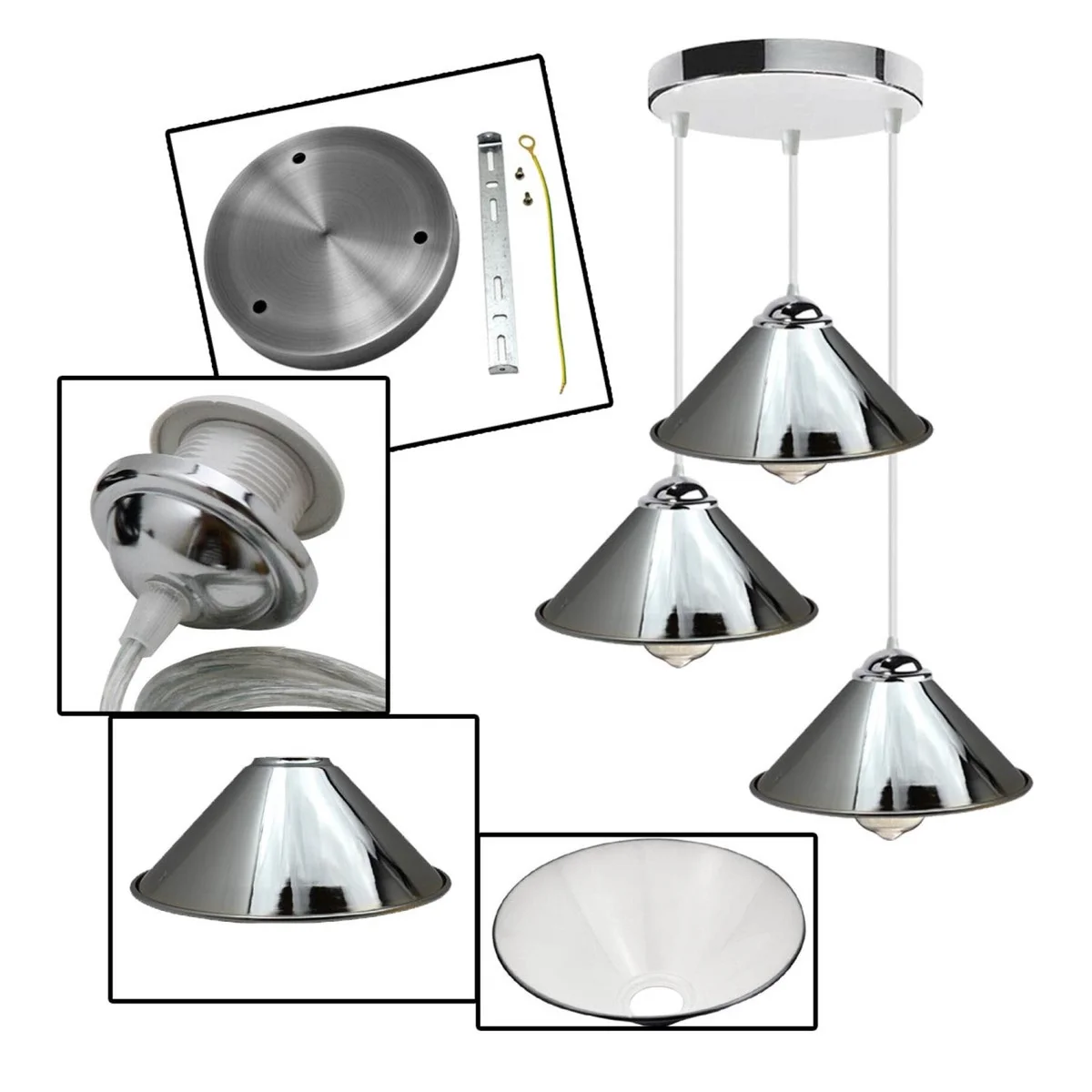 Chrome 3‑light industrial pendant light with chrome metal frame and PVC cable, ceiling rose included