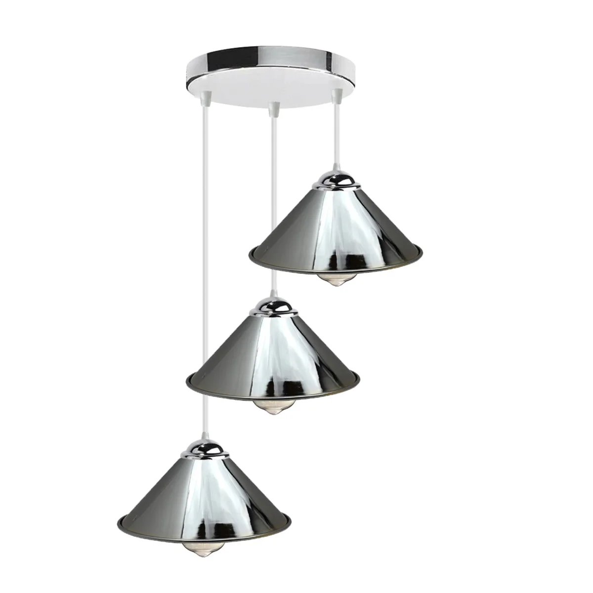 Modern chrome 3‑light pendant lamp hanging from ceiling, three metal shades, 95cm cable, ideal retro loft lighting.