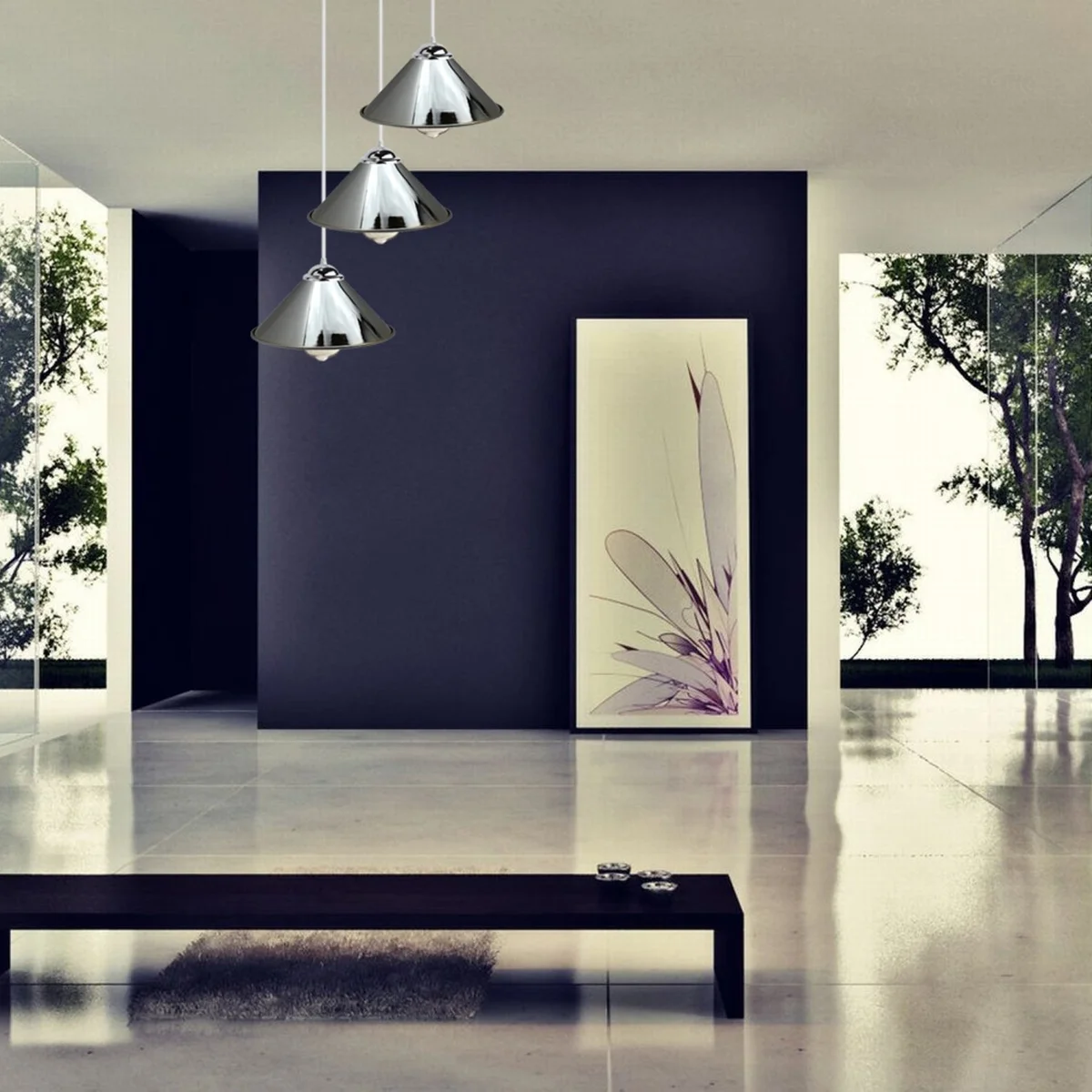 Three chrome pendant light bulbs hanging from a 20cm ceiling plate in a modern industrial pendant light.