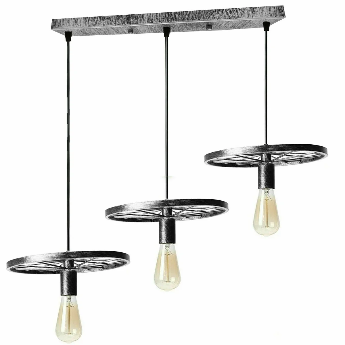 Brushed silver metal and PVC wire industrial pendant light with three hanging cables, 95cm each, retro wheel chandelier design.