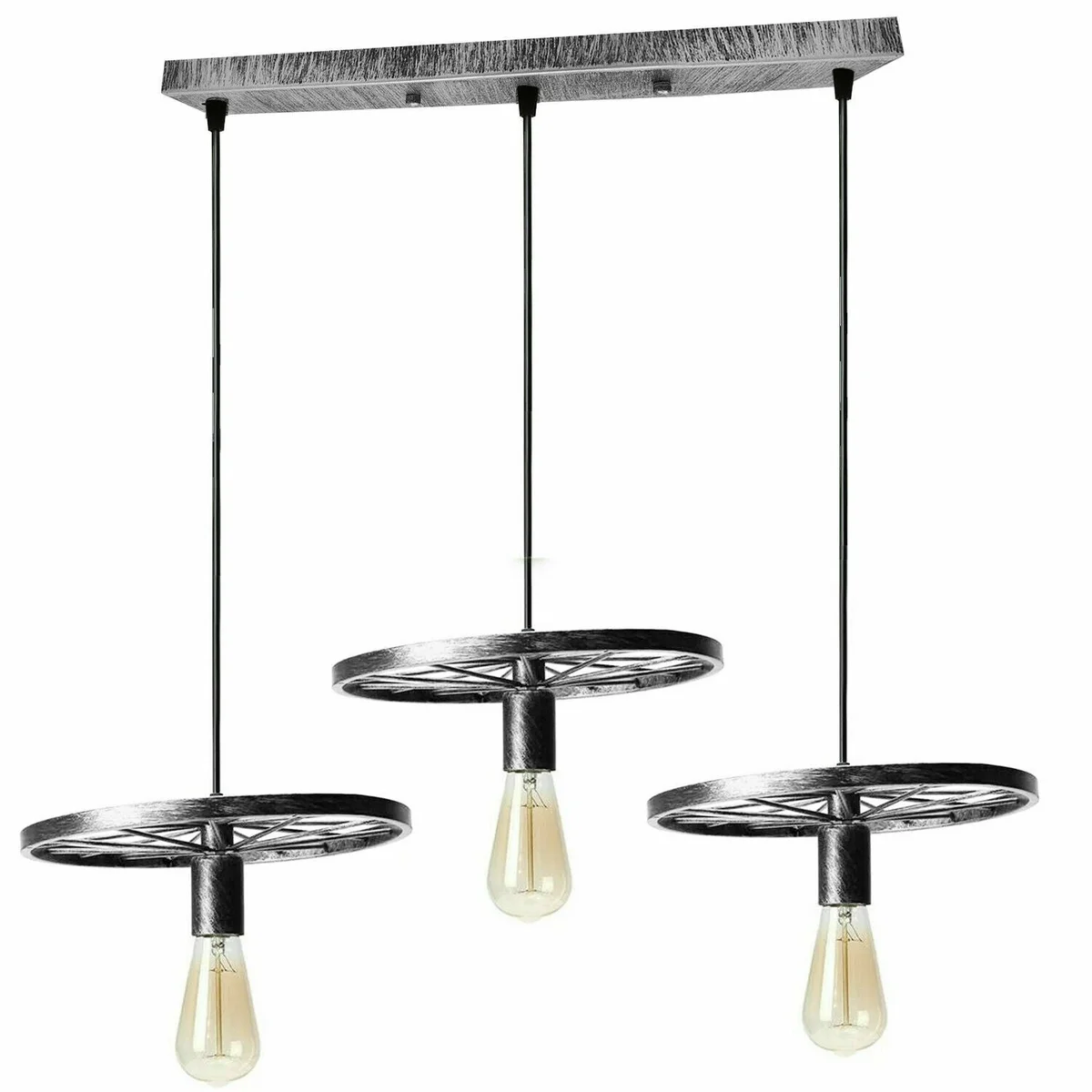 Brushed silver chandelier featuring iron wheel, three metal arms and PVC cables, hanging for a retro industrial look.