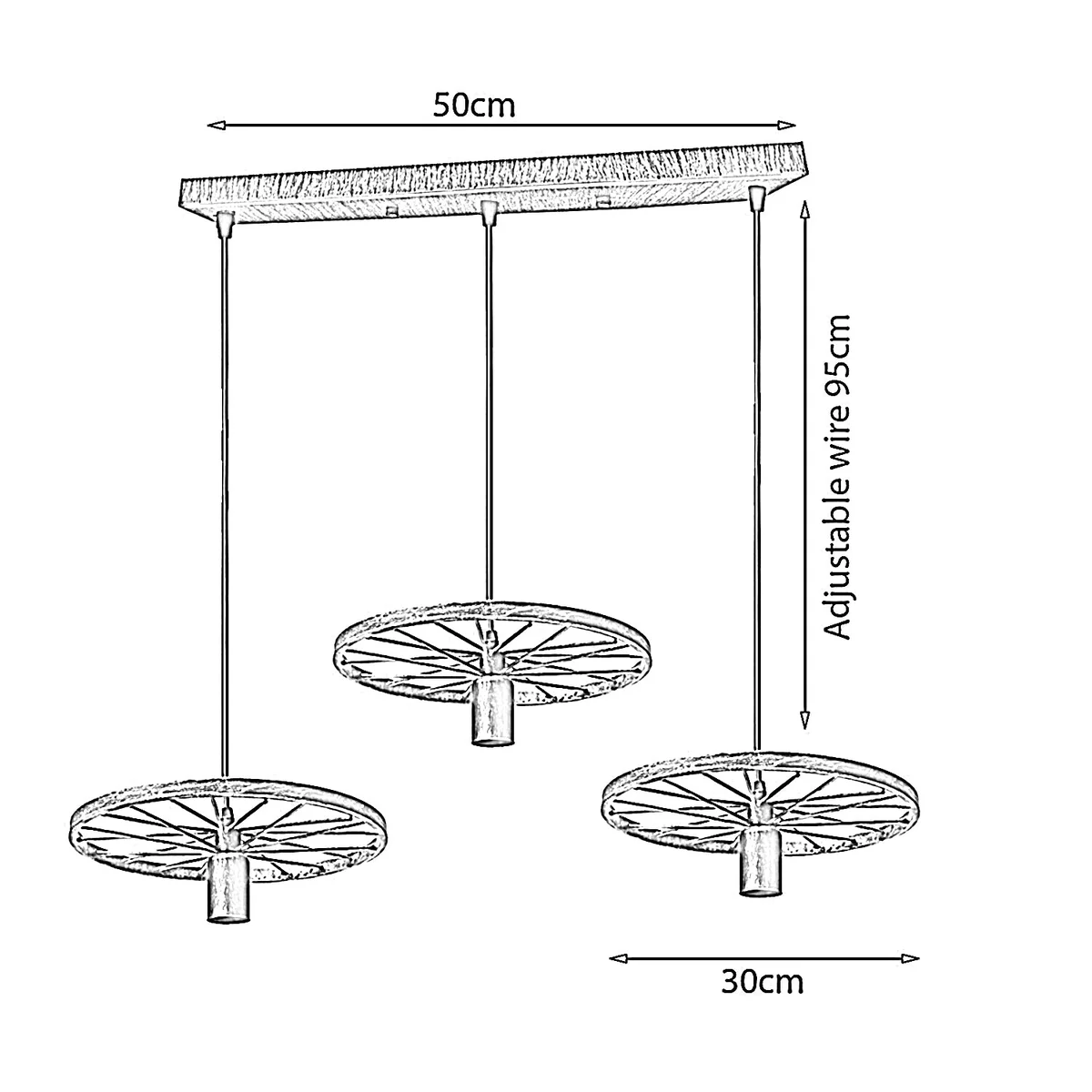 Brushed silver iron wheel chandelier with three E27 sockets, 95 cm cables, industrial design, ideal as an E27 ceiling light.