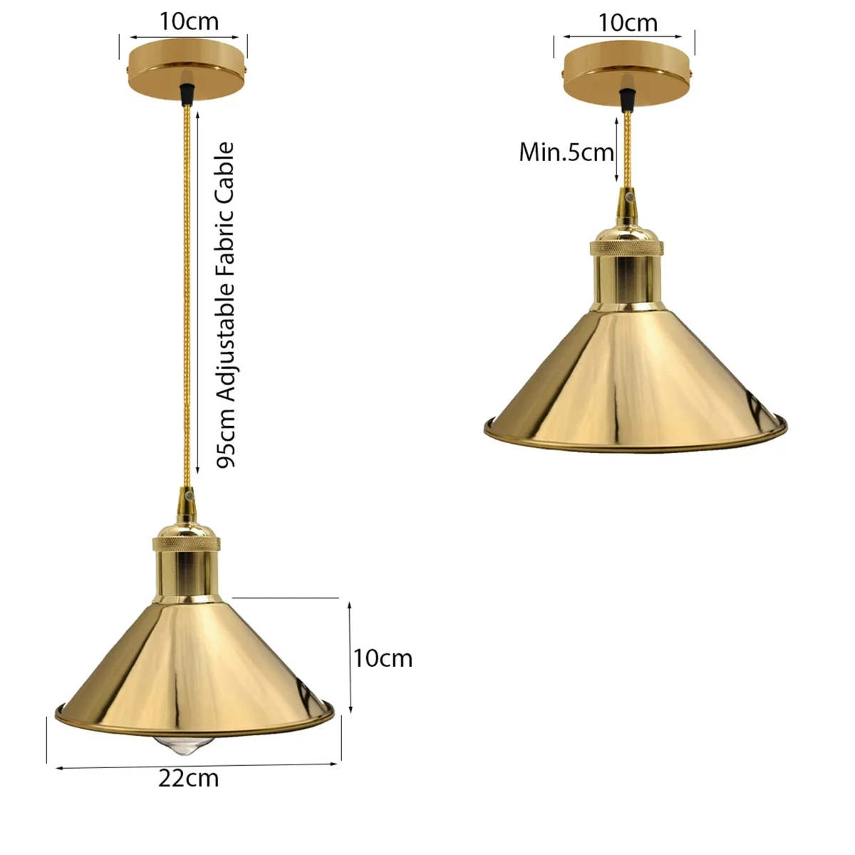 Rustic metal pendant lamp hanging from ceiling, French gold finish, 95cm wire, 10cm sole, an industrial ceiling light.