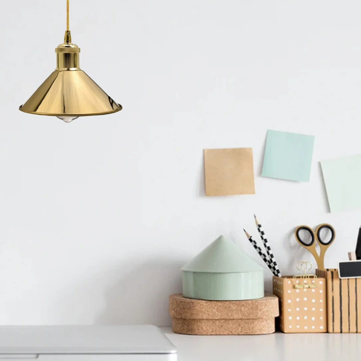 Brushed metal lamp in rustic industrial style, French Gold finish, hanging with 95cm metal wire.
