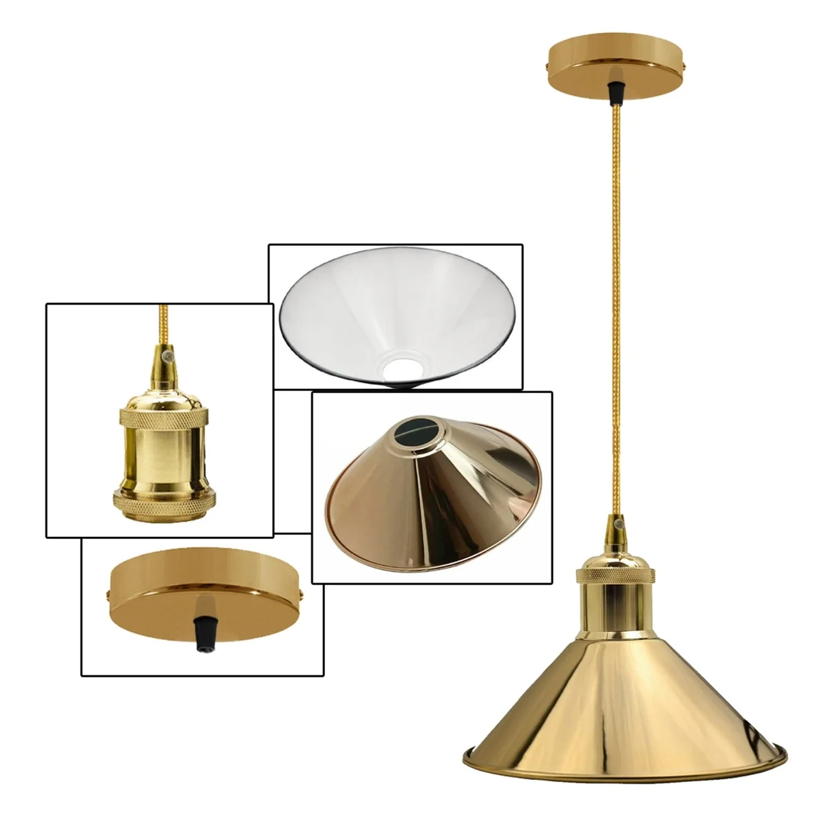 Rustic pendant light with brushed metal frame and French Gold finish hanging from a 10cm ceiling plate.