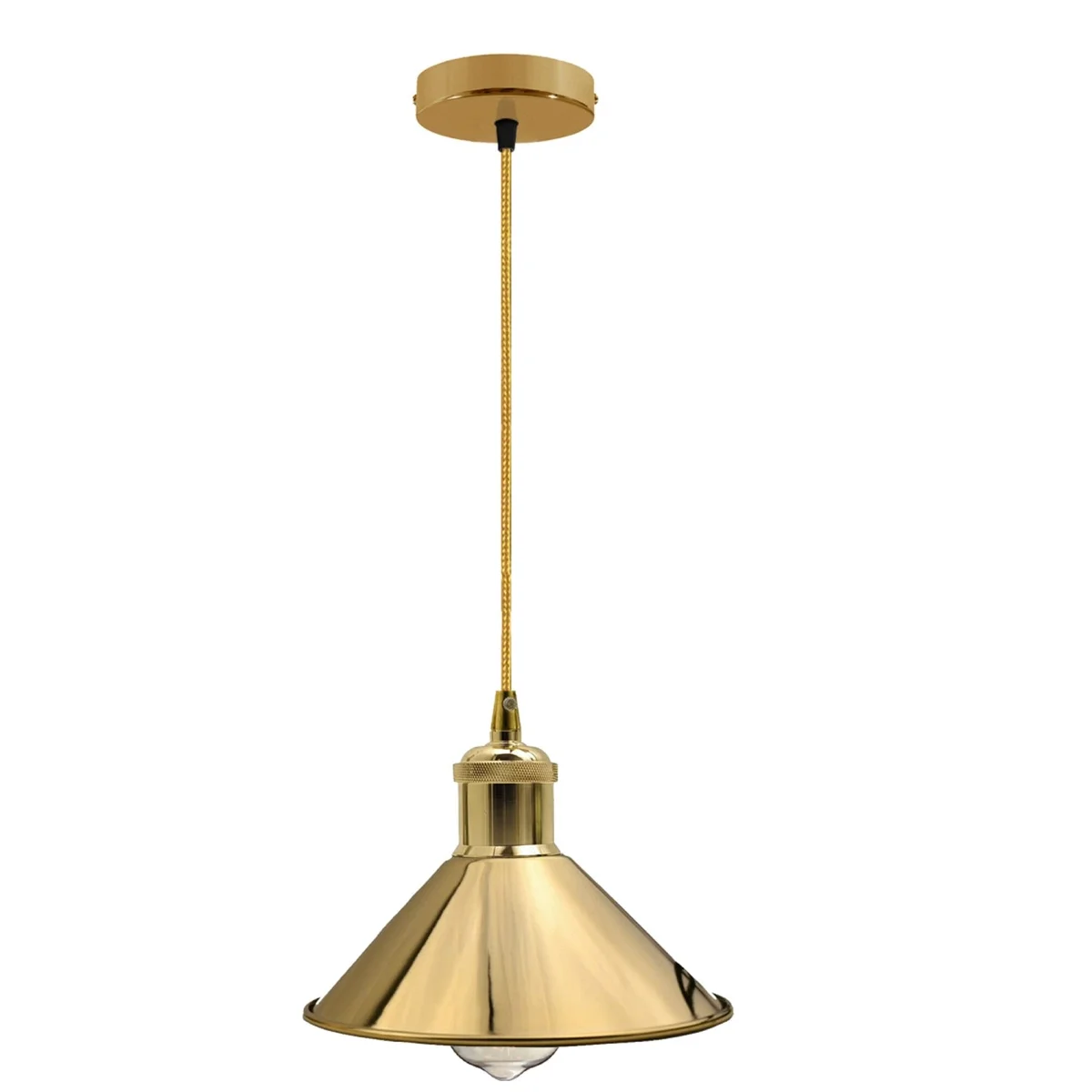 Rustic pendant light in brushed metal with French Gold finish, E27 base, 95cm cable, hanging from ceiling.