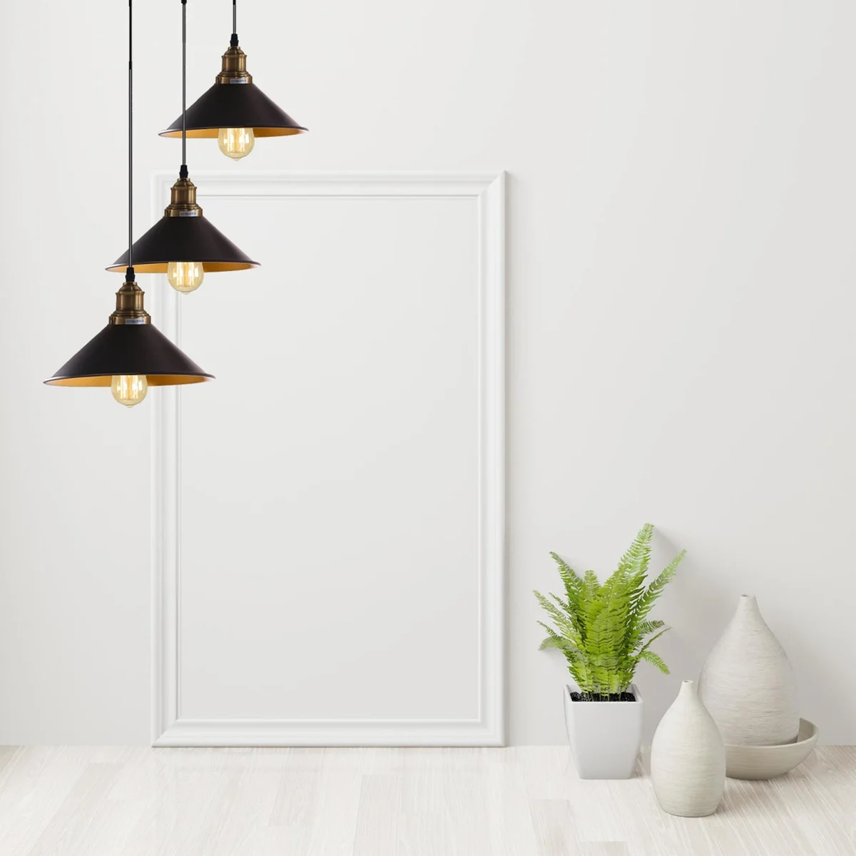 3 lights hanging chandelier with black cone shades, yellow brass holders, 95cm PVC cable, modern retro design.