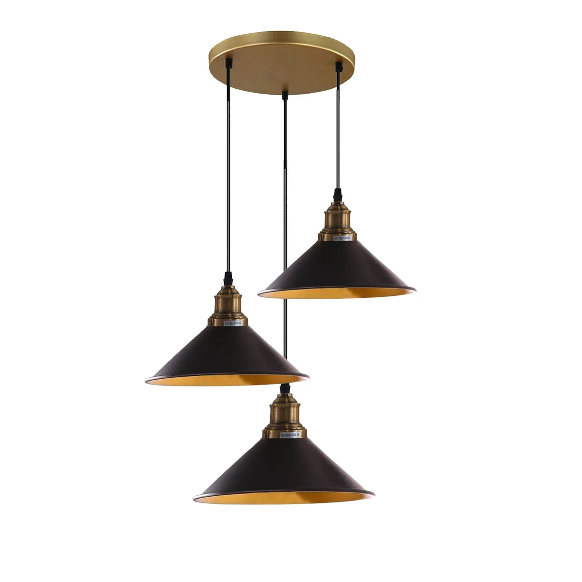 Three black adjustable cable pendant light with retro cone shades reflecting light, mounted on a 2.5cm ceiling plate.