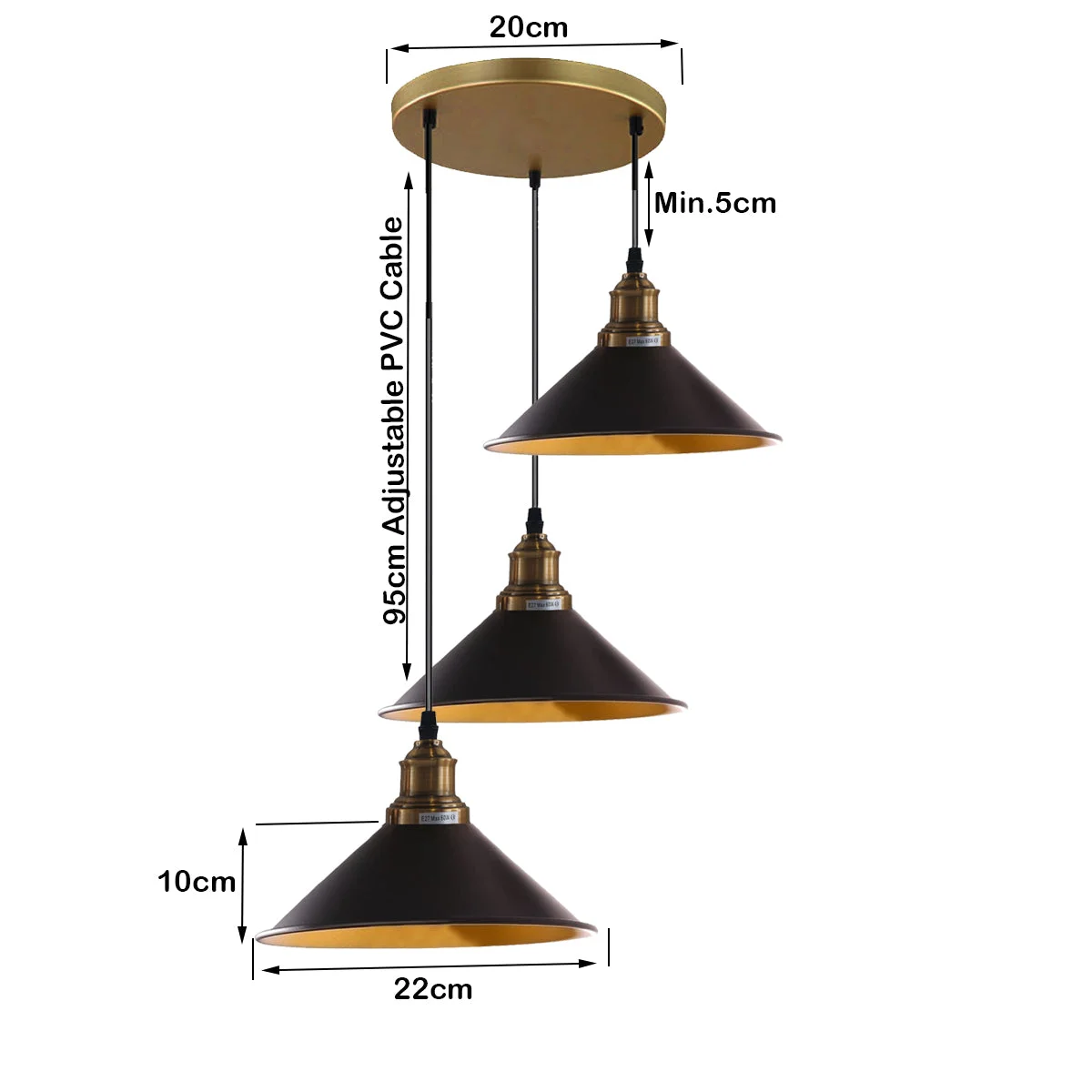 Three‑light hanging chandelier featuring black shade ceiling lights with adjustable PVC cable, retro cone design.