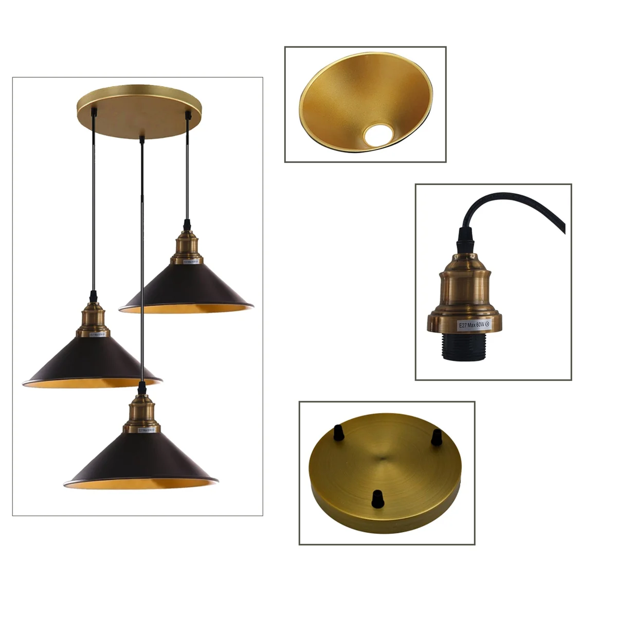Three black metal pendant lights with yellow brass bulbs on adjustable cables