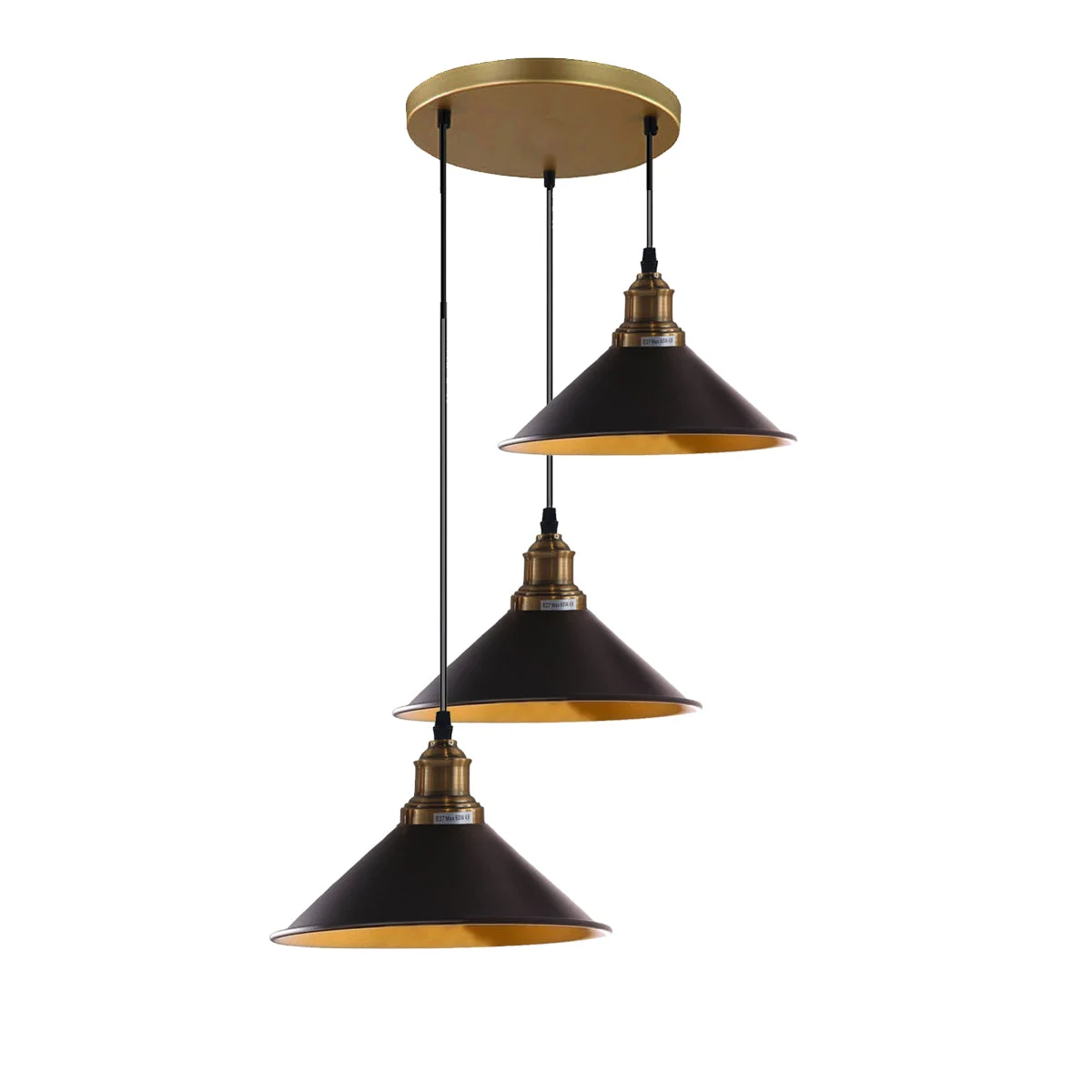 Modern ceiling pendant with three black cone shades on adjustable PVC cable, hanging from metal base.
