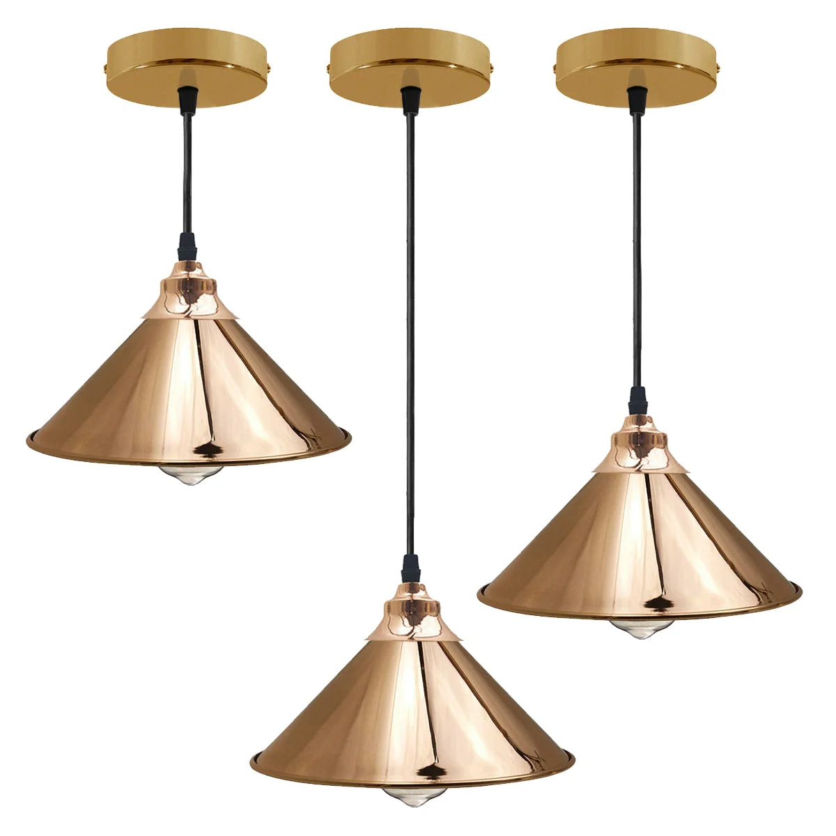 Gold metal pendant light with a sleek dome shade, PVC wire tie, angled base for sloped ceilings.