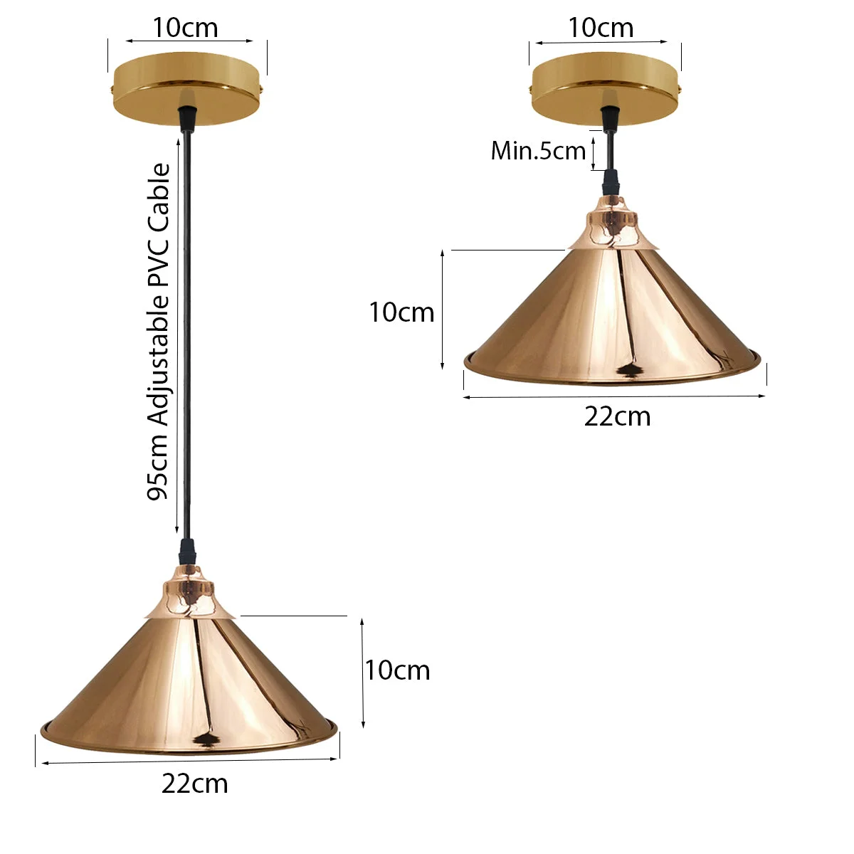 Gold dome pendant industrial ceiling lights with metal and PVC wire, adjustable 95cm shade, modern kitchen lighting