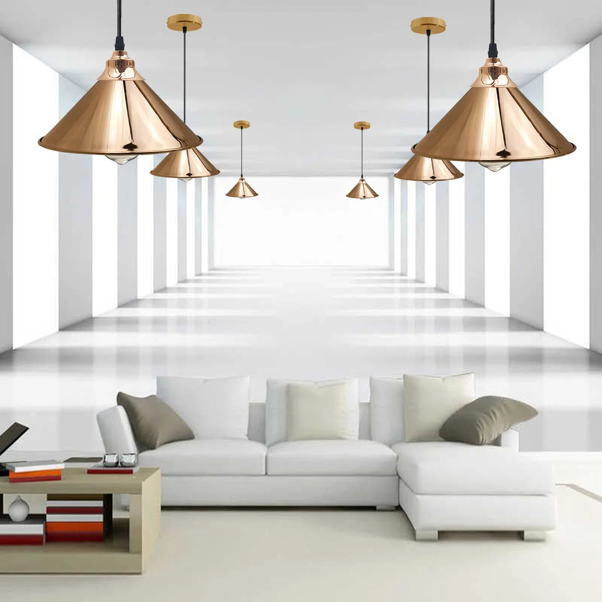 Gold metal dome pendant lamp with adjustable 95 cm cord, sliding base and hood for sloped ceilings.
