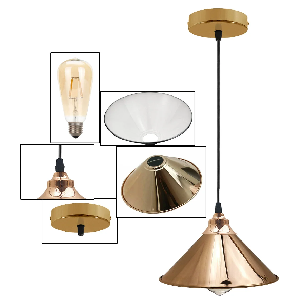 Gold metal dome pendant with adjustable 95 cm cable, a stylish E27 ceiling light.