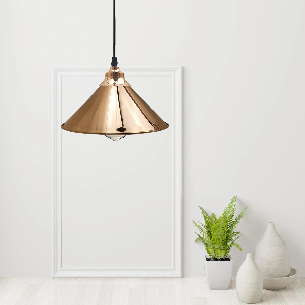 Gold pendant lights hanging from ceiling, clear metal dome shade, adjustable base, E27 lamp holder visible