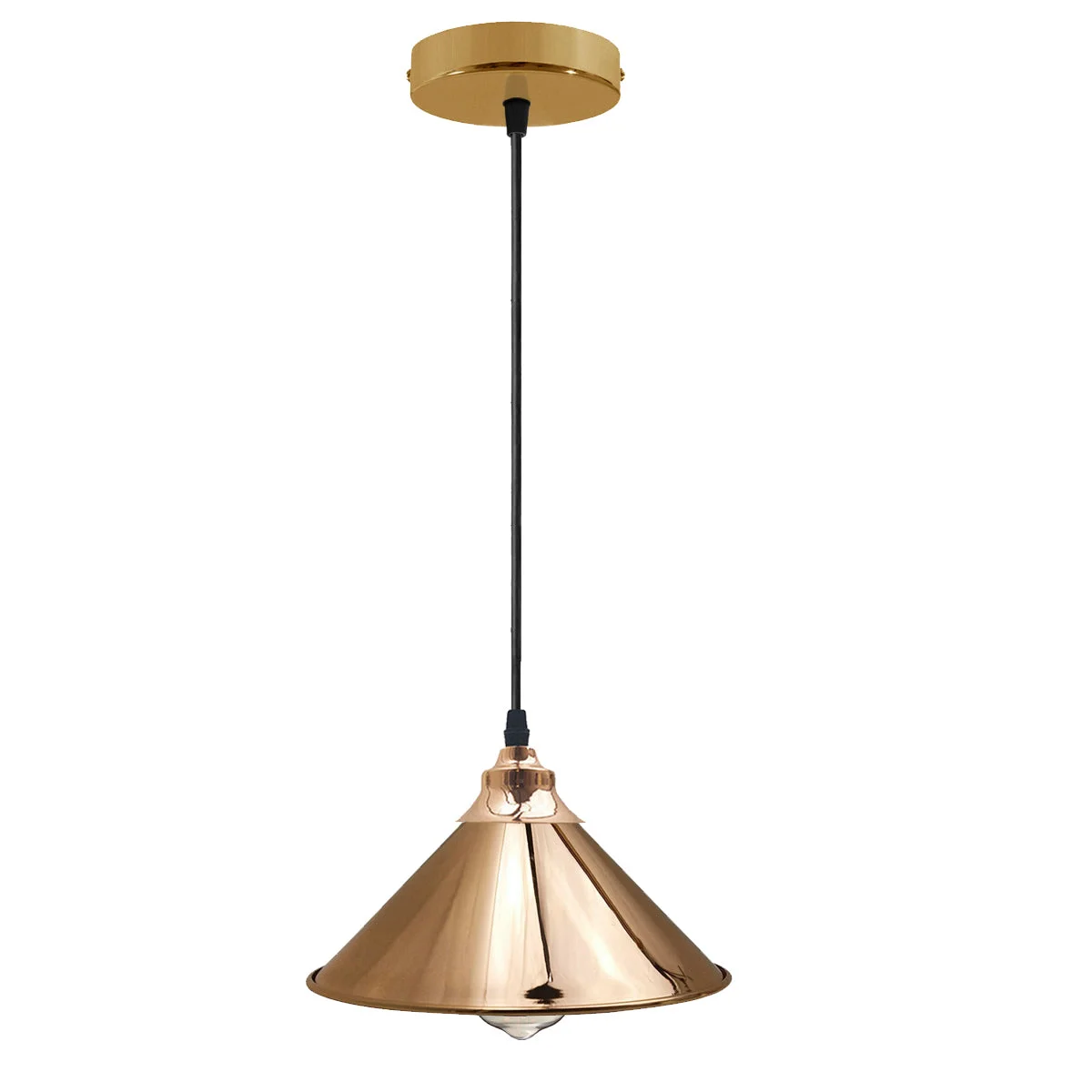 Gold pendant lights with sleek dome shade, metal and PVC base, adjustable 95cm cable, hanging from ceiling.