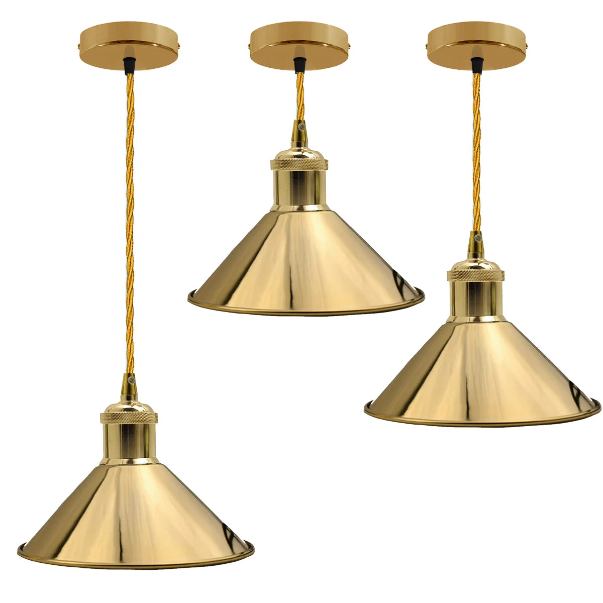 French gold pendant with sleek dome, thin metal frame, adjustable 95cm cable, hanging from ceiling.