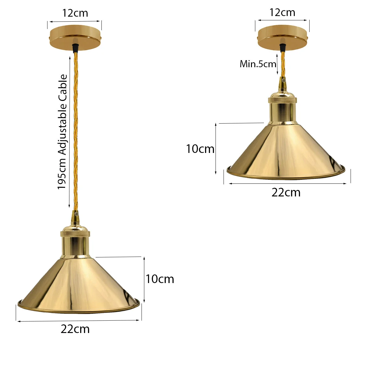 Gold hanging lights with a sleek dome, golden finish, hanging from ceiling, adjustable cable.