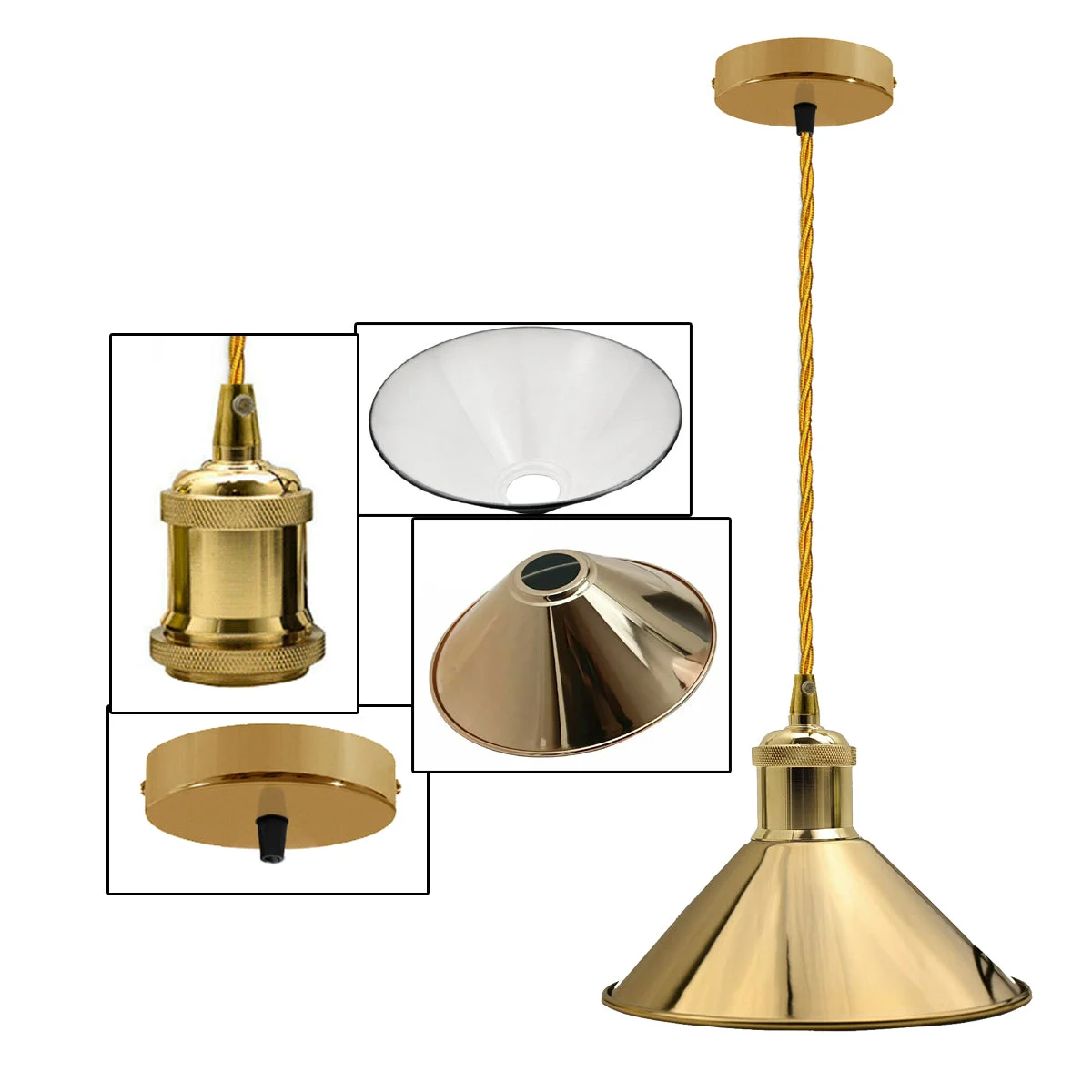 Adjustable pendant light with gold dome shade, sleek silhouette, hanging on 95cm cable, suitable for modern interiors.