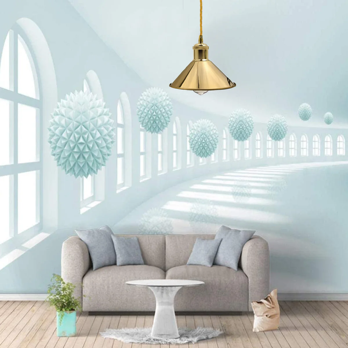 Gold dome pendant light with minimalist design, hanging on adjustable 95cm cable from 10cm base.
