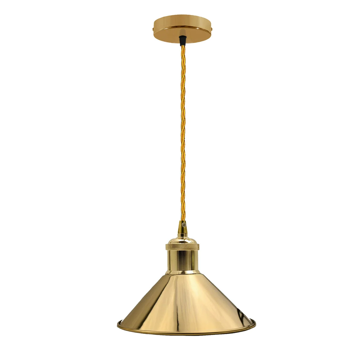 Sleek gold pendant lights with a curved metal dome shade, single E27 bulb holder, 95cm adjustable cable, hanging over a modern kitchen counter.