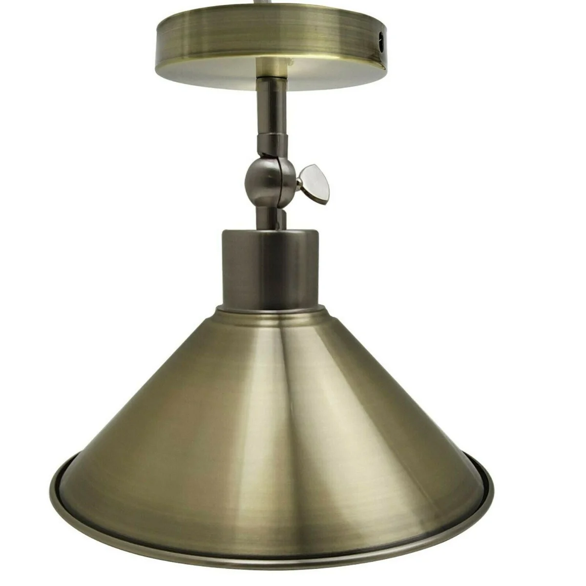 Green brass lampshade cone on an adjustable ceiling light base, metal plate with E27 socket visible