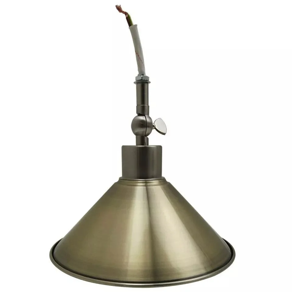 Metal ceiling lamp with green brass cone shade, adjustable angle, E27 base, 10cm x 2cm shade, 100mm x 20mm base.