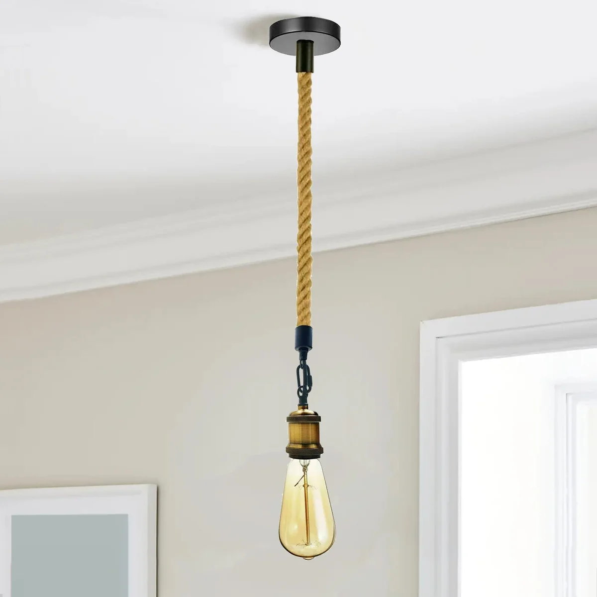 Hemp rope pendant light hanging from ceiling, 1m hemp rope, vintage industrial style, natural hemp colour, living room décor.