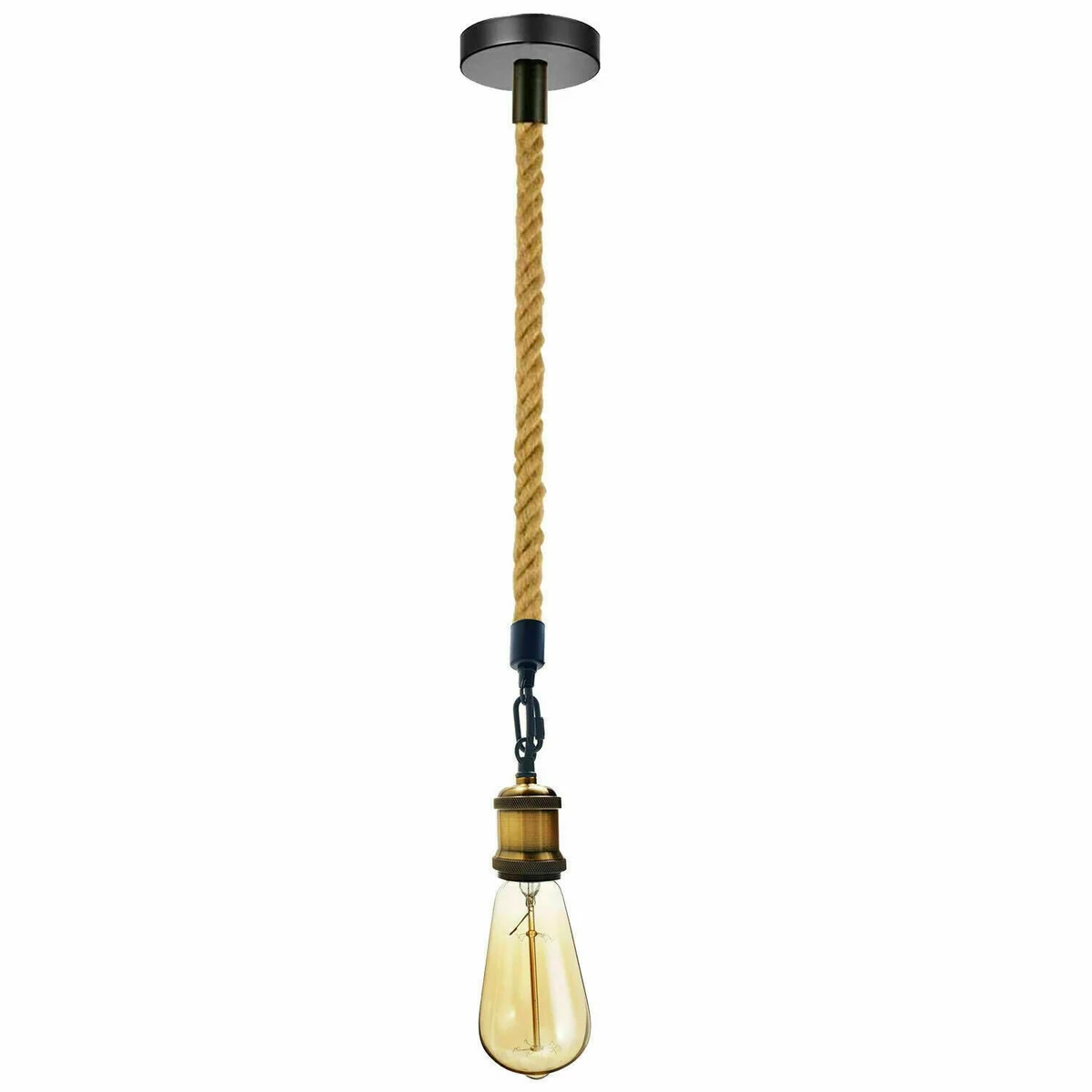 Country vintage ceiling light: hemp rope pendant, 1m long, with metal support, hanging in a dimly lit living room